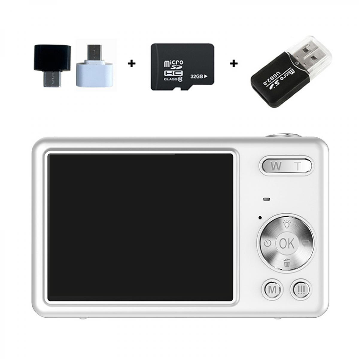 Digitalkamera mit schwarzem Bildschirm, SD-Karte, USB-Adapter und Speicherkartenadapter auf weißem Hintergrund.