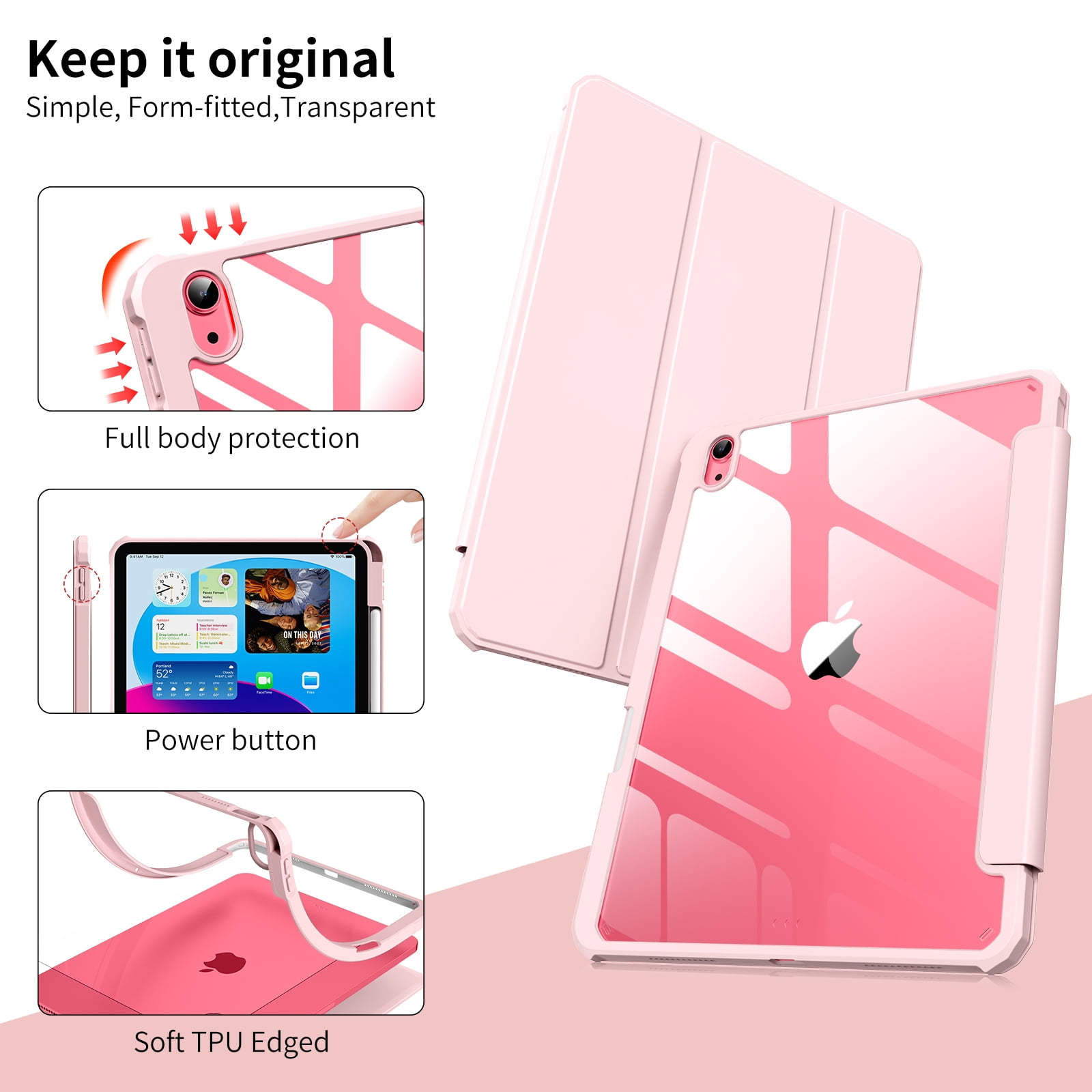 Rosa iPad-Hülle mit transparentem Rücken, geschlossenem Deckel und rosa Rand. Merkmale sind vollständiger Körperschutz und weicher TPU-Rand.