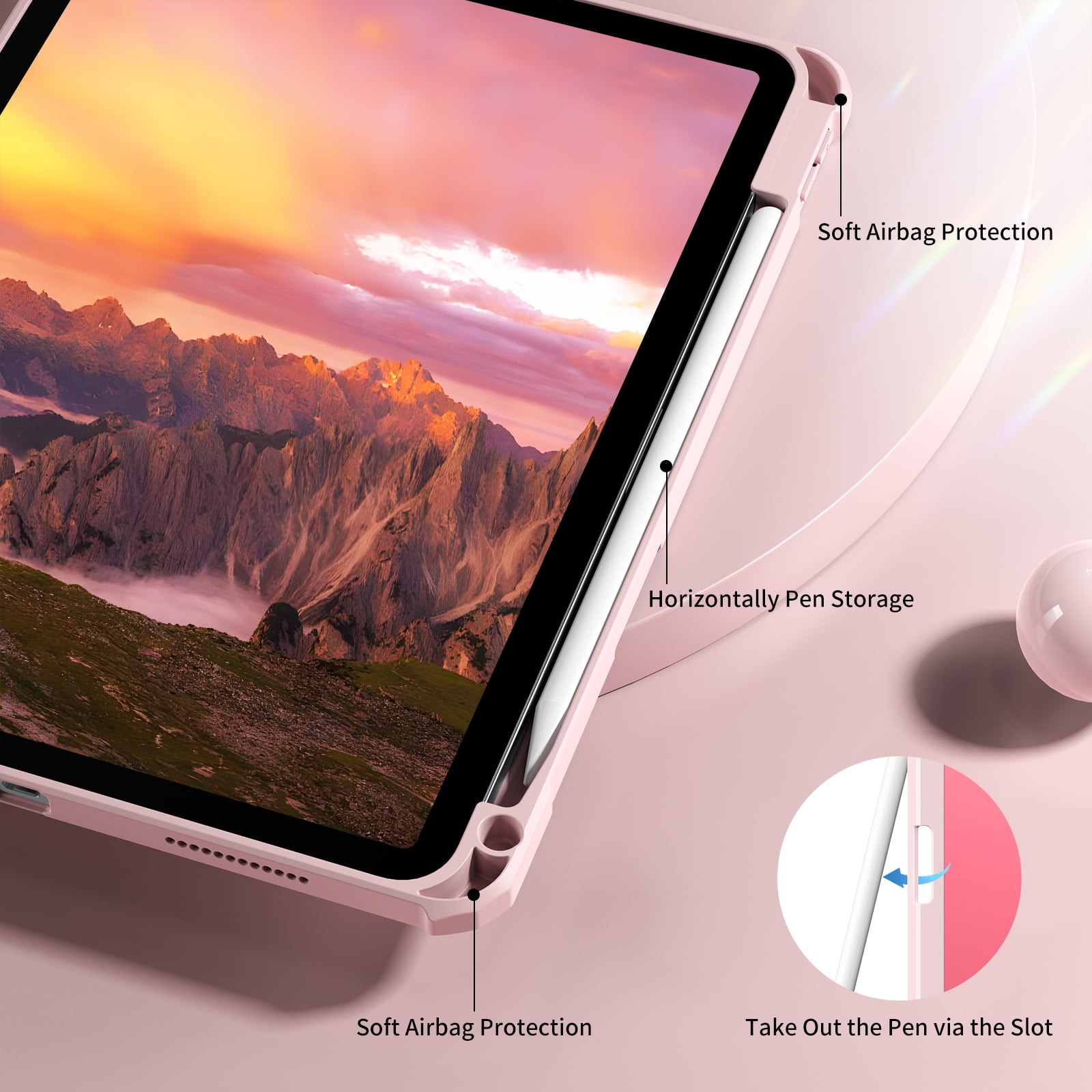 Rosa iPad-Hülle mit Stift. Zeigt eine Berglandschaft auf dem Bildschirm. Merkmale: Airbag-Schutz, Stiftaufbewahrung und Schlitzzugang.
