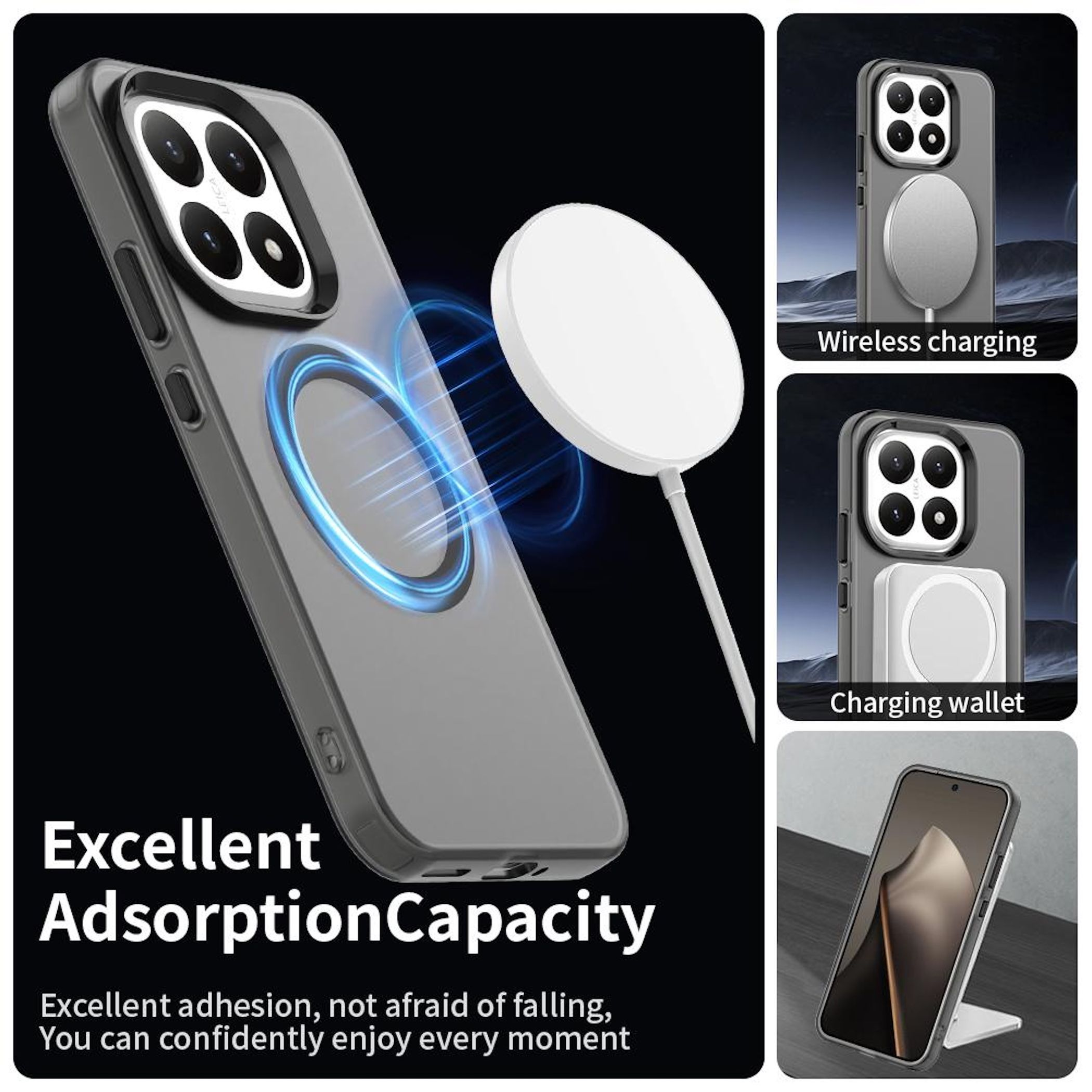 Una funda de teléfono con un cargador magnético, carga inalámbrica y una cartera de carga. El texto dice 'Excellent AdsorptionCapacity'.