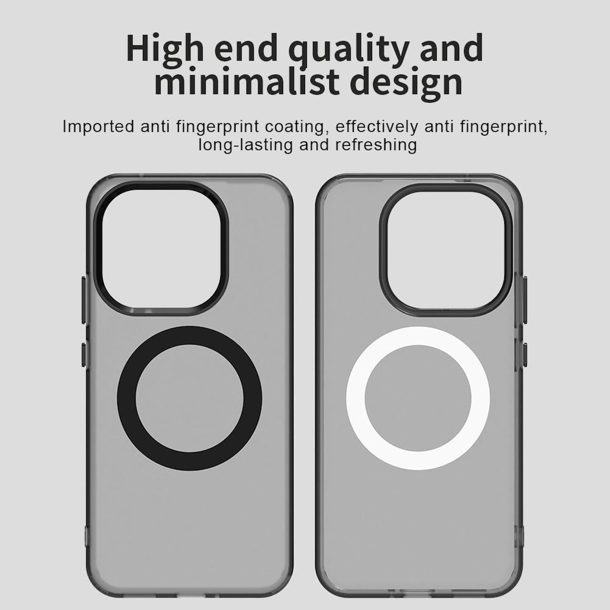 Dos fundas para teléfonos con diseño transparente. Una tiene un círculo negro, la otra blanco.