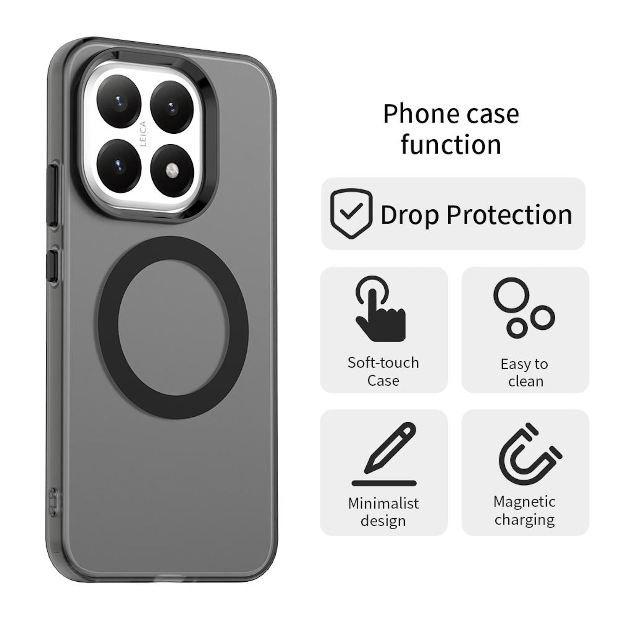 Una funda de teléfono con recorte de cámara e indicadores de funciones: protección contra caídas, tacto suave, fácil de limpiar, minimalista.