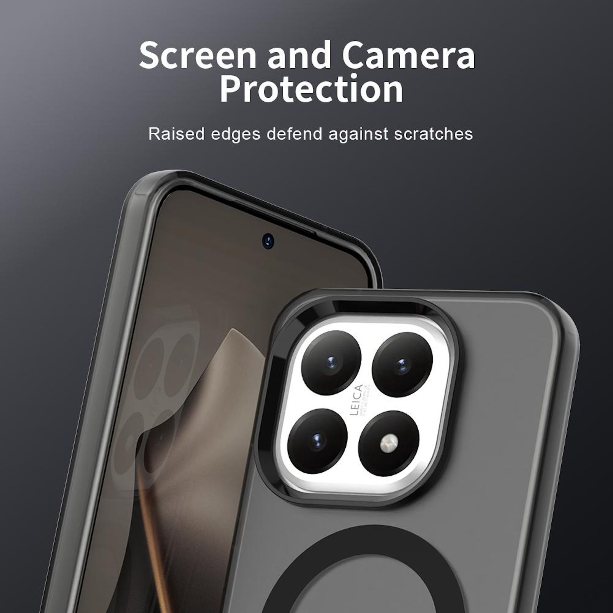 Funda de teléfono con bordes elevados que protegen la pantalla y la cámara. Colores negro y gris. Logotipo de Leica visible.