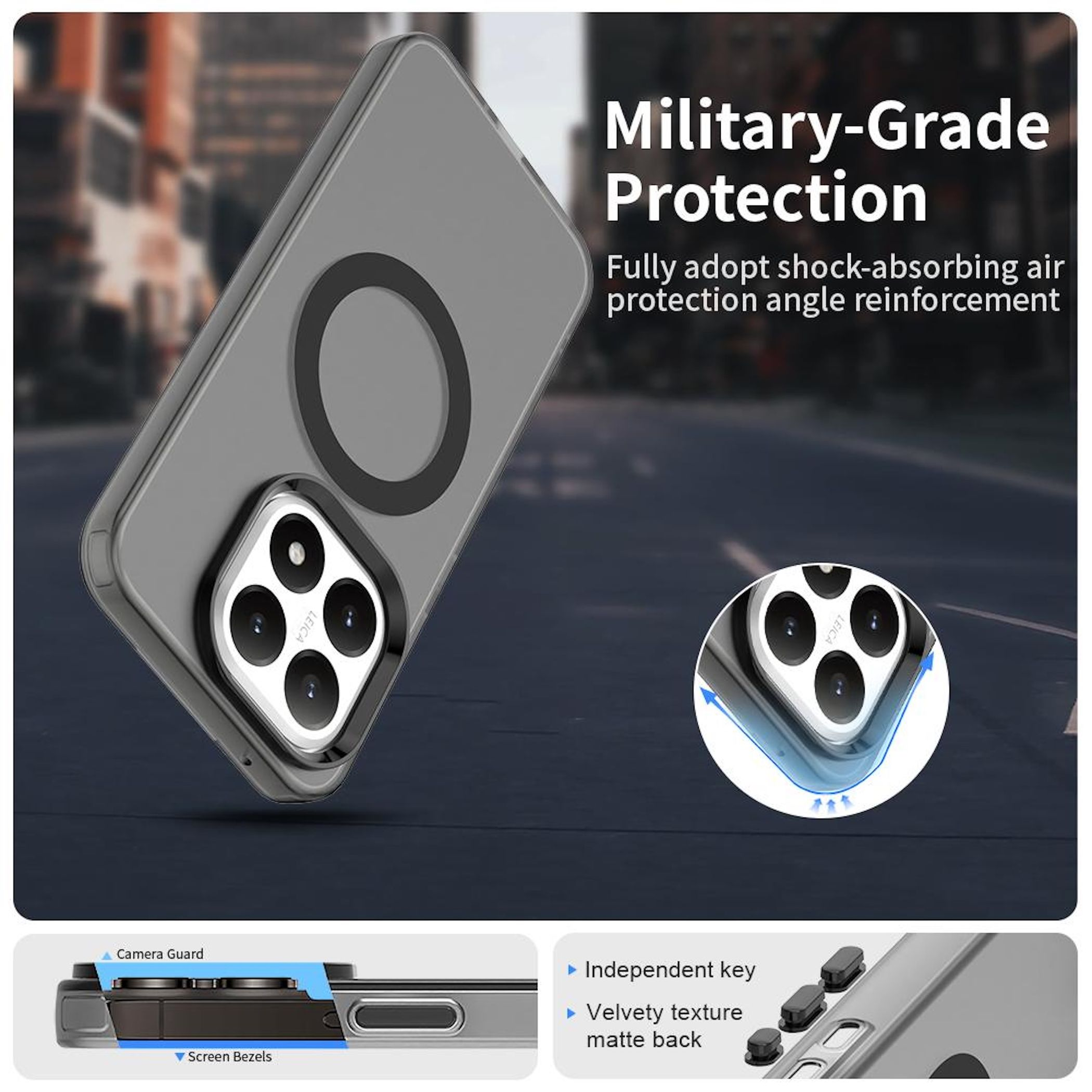 Una funda de teléfono con recorte de cámara, un anillo negro y texto que dice 'Military-Grade Protection'.