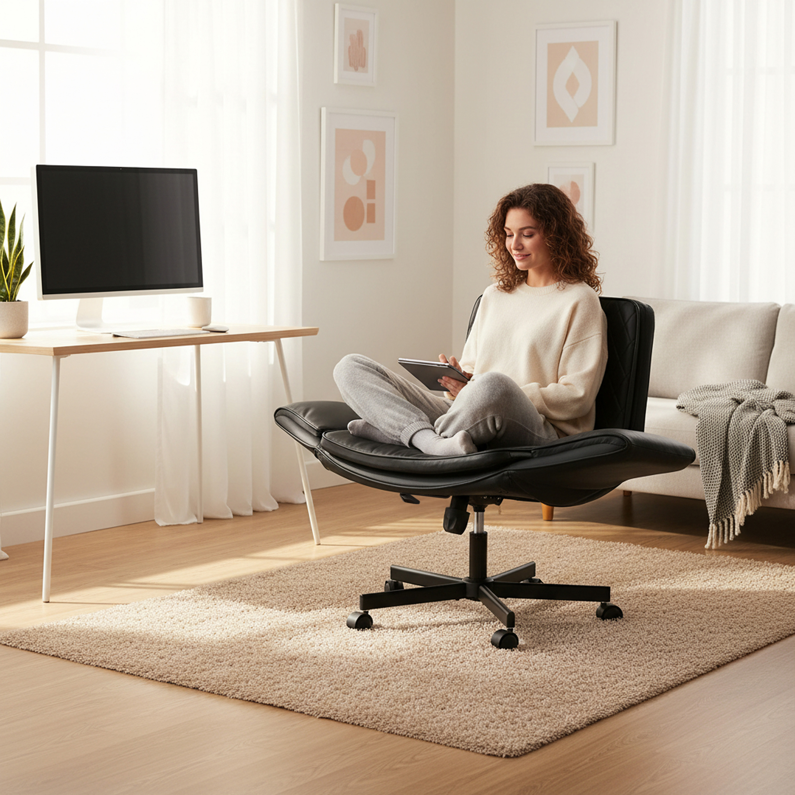 Frau im weißen Pullover sitzt in einem Stuhl und benutzt ein Tablet. Links ein Schreibtisch mit Monitor.