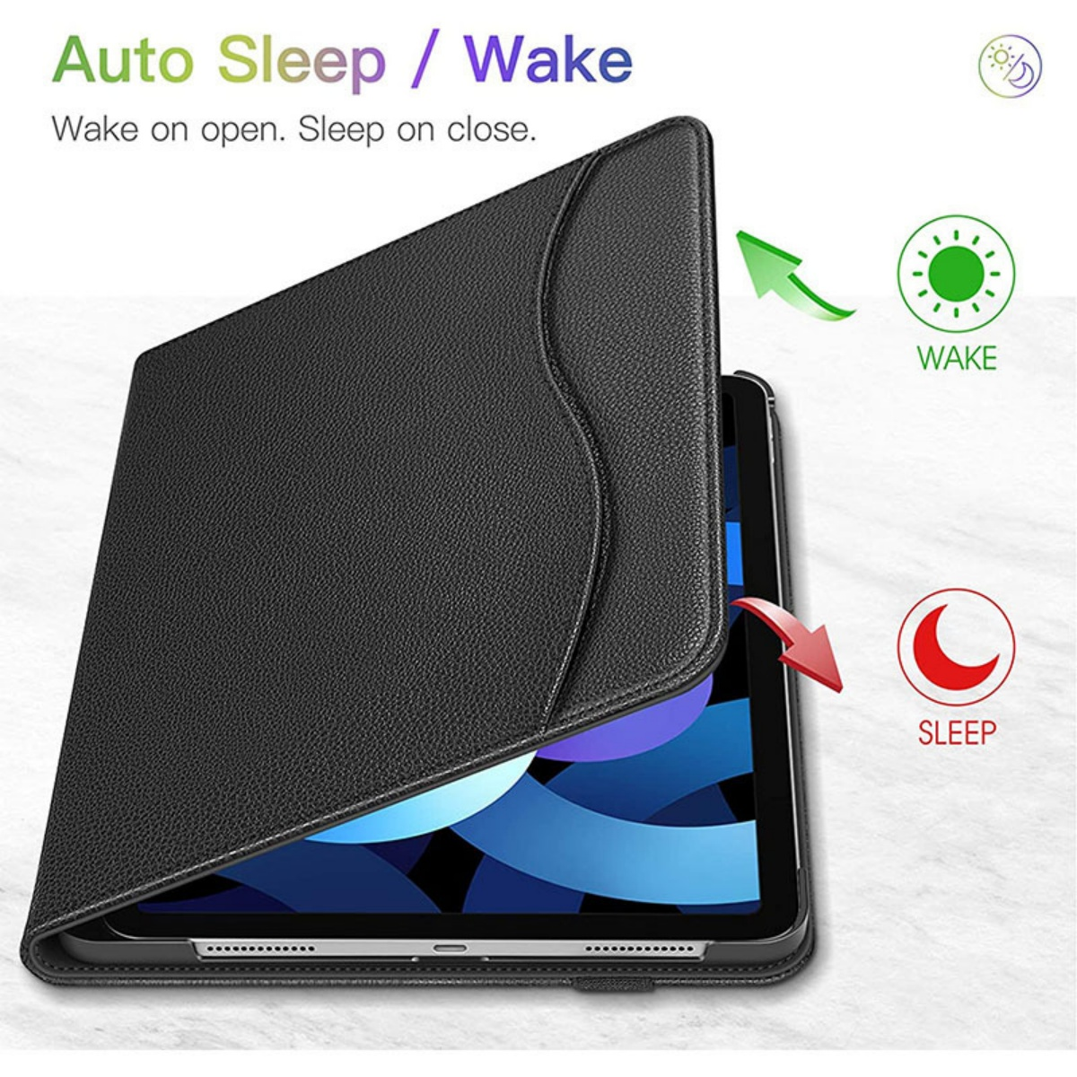 Schwarze Tablethülle, die offene und geschlossene Zustände zeigt, mit Aufwach- und Schlafsymbolen. Text: Auto Sleep / Wake.