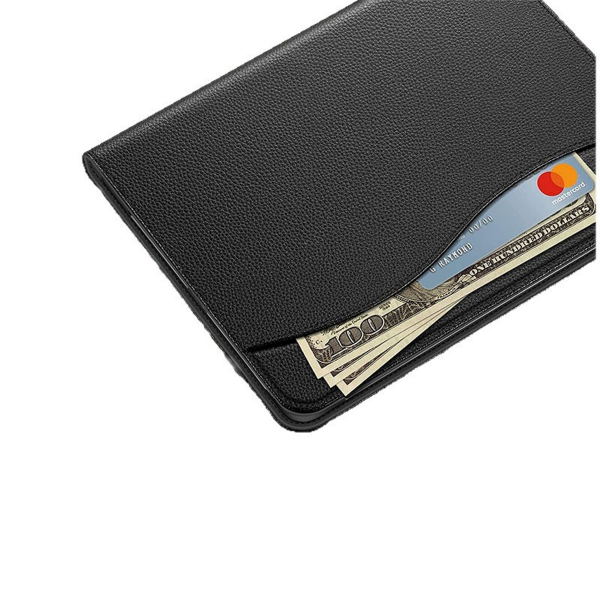 Schwarzes Lederportemonnaie mit Mastercard und US-Dollar-Scheinen. Das Portemonnaie ist vor weißem Hintergrund abgebildet.