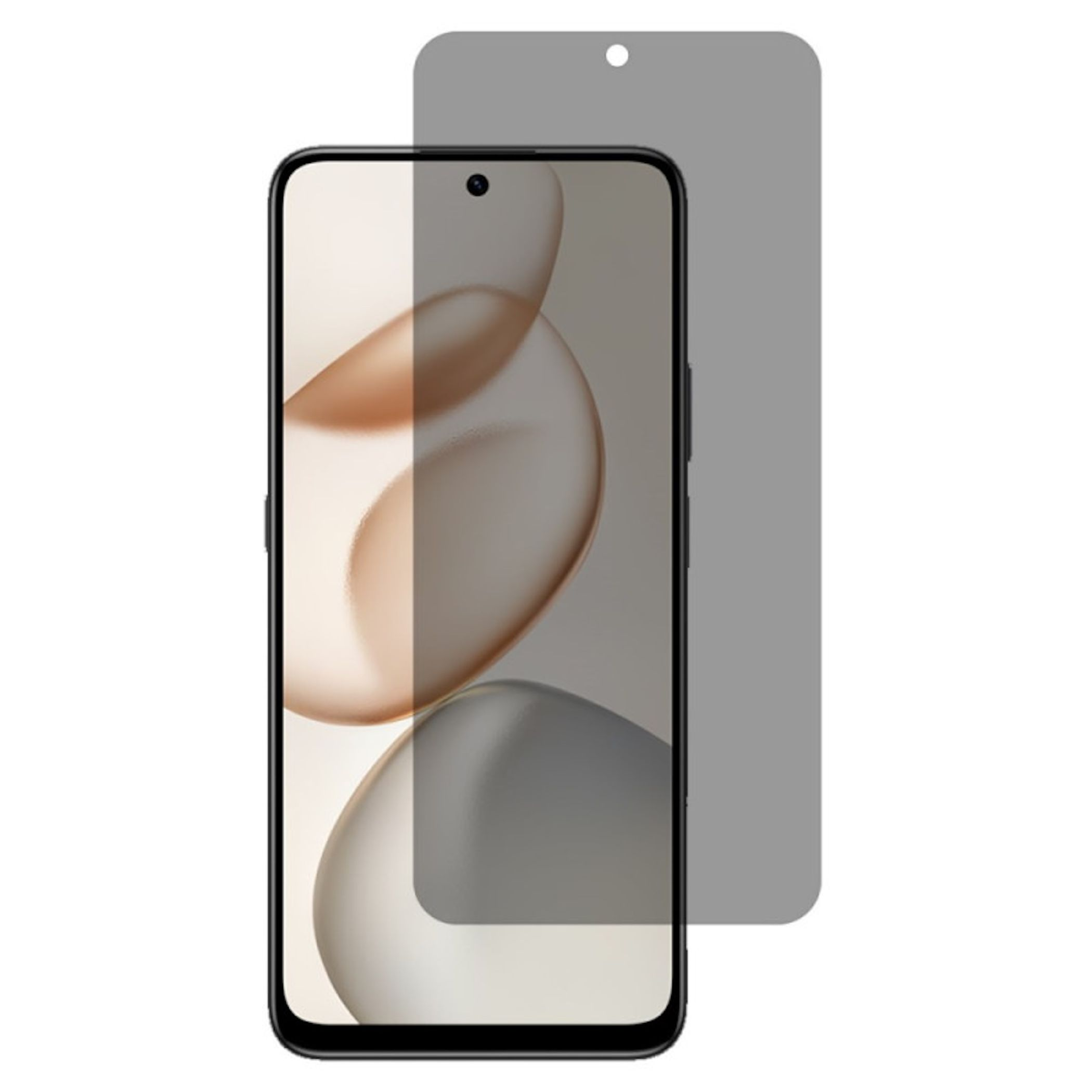 Uno smartphone con protezione schermo. Il telefono è nero con forme astratte. La protezione è grigia.