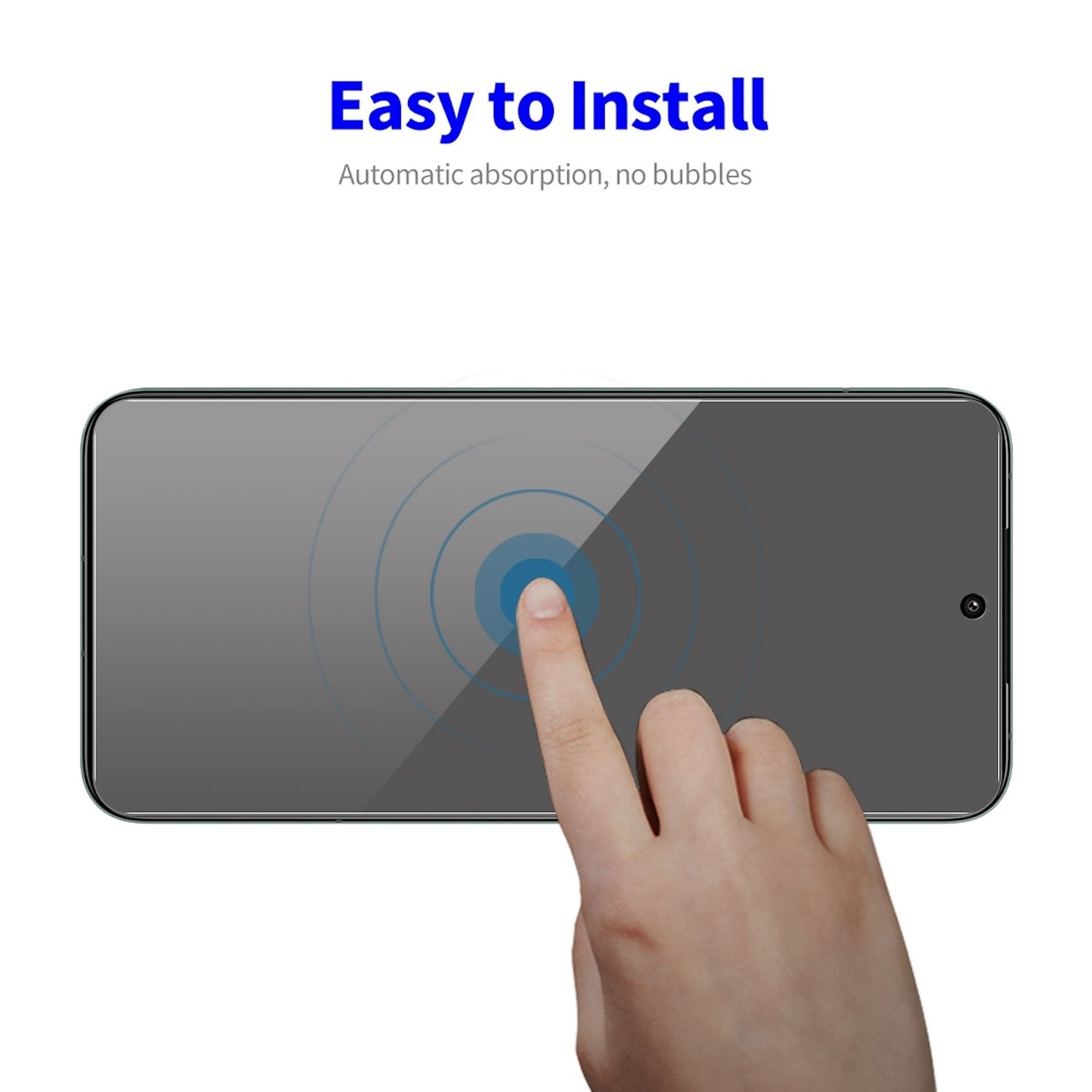 Hand berührt eine Displayschutzfolie. Text lautet 'Easy to Install'. Das Telefon ist grau.