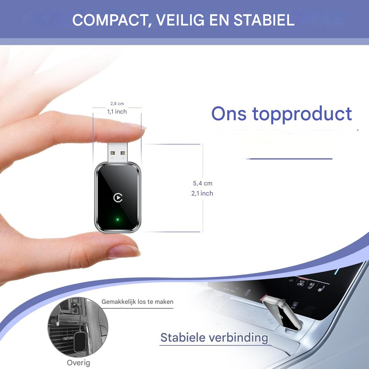 Eine Hand, die ein schwarzes Gerät hält. Der Text enthält Abmessungen und Sätze wie 'Kompakt, sicher und stabil' und 'Unser Top-Produkt'.