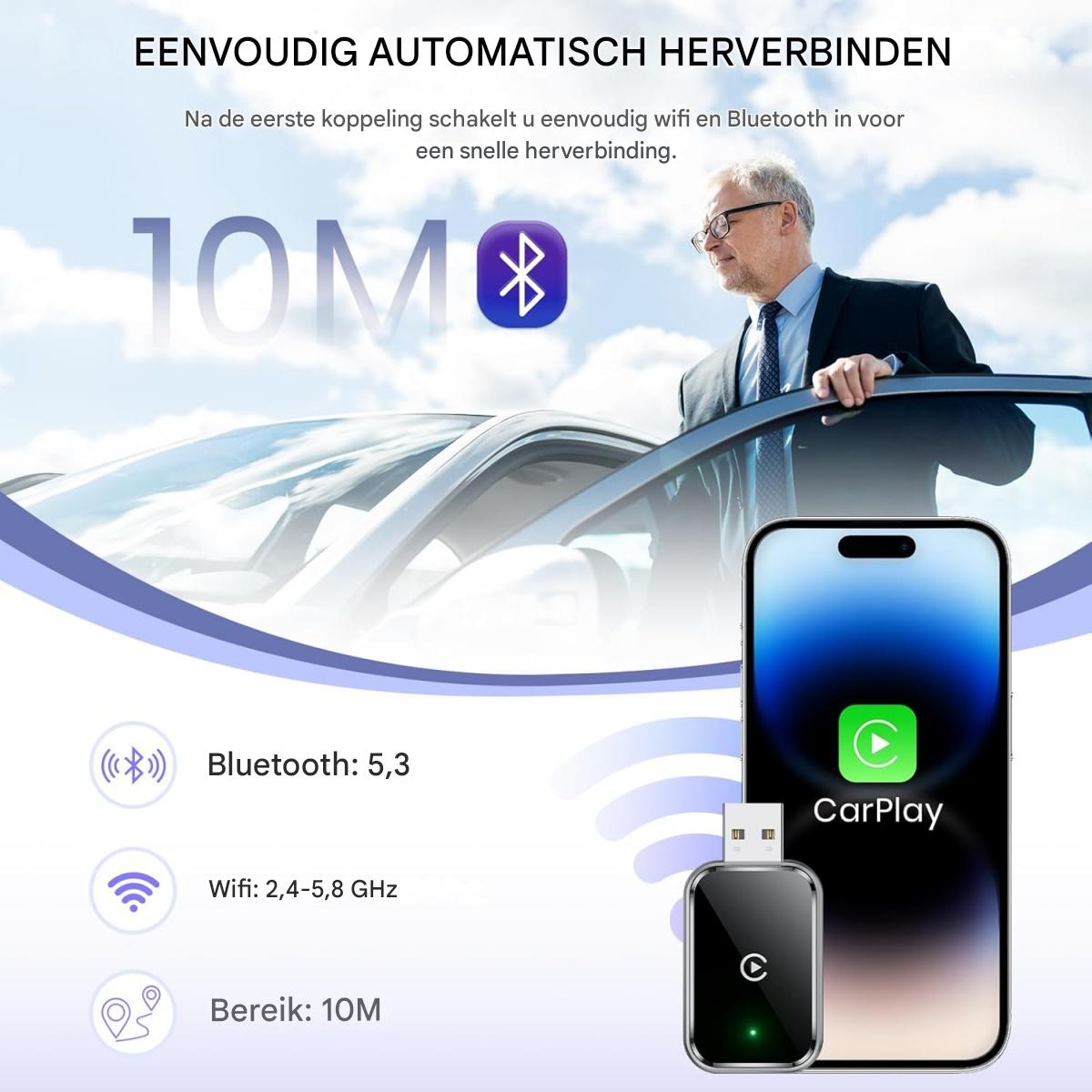 Das Bild zeigt einen Mann in der Nähe eines Autos, mit Technologie-Symbolen und einem Telefon. Text wirbt für einfaches WLAN und Bluetooth.