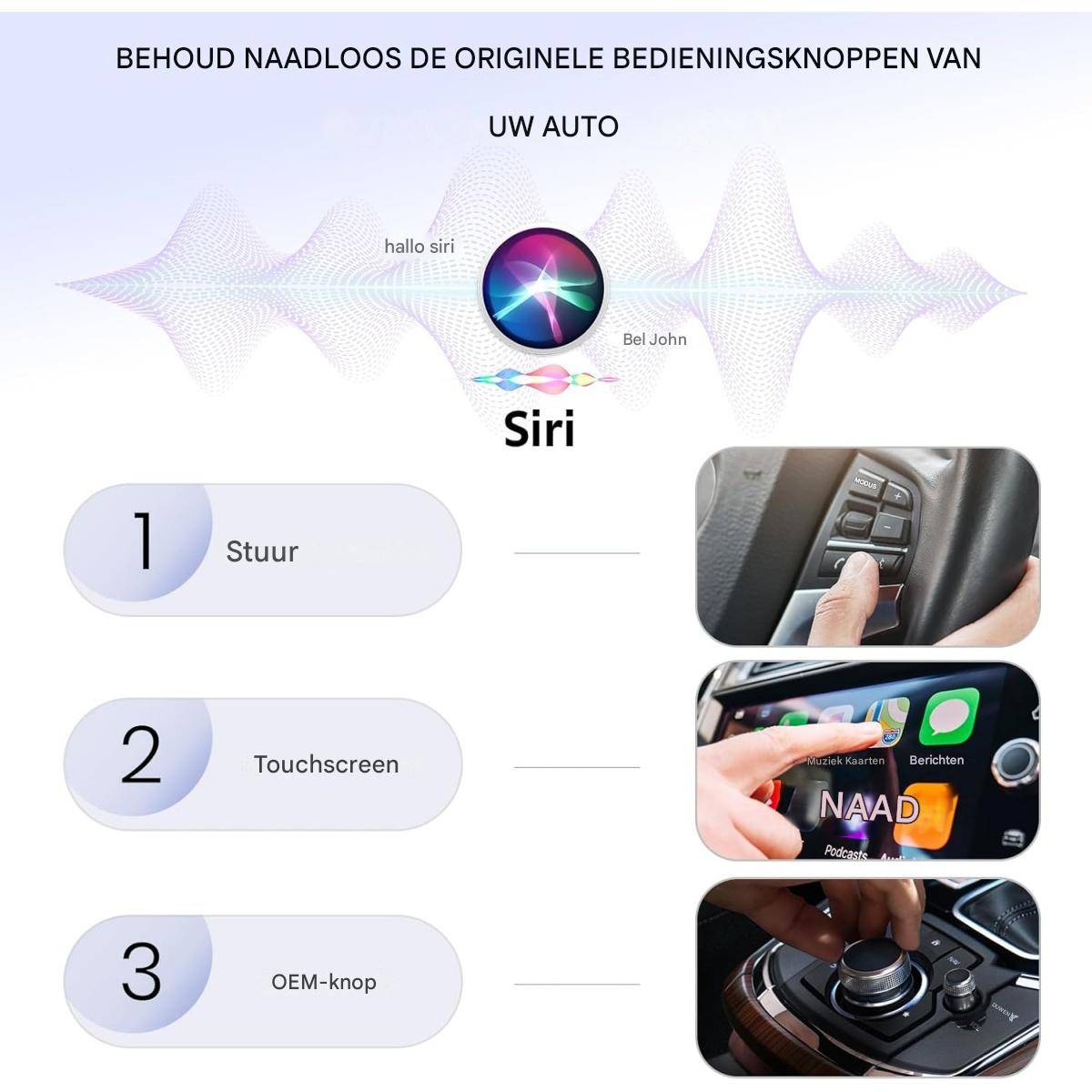 Diagramm mit Optionen zur Fahrzeugsteuerung: Lenkradtasten, Touchscreen und OEM-Knopf. Siri-Sprachsteuerung ist ebenfalls hervorgehoben.