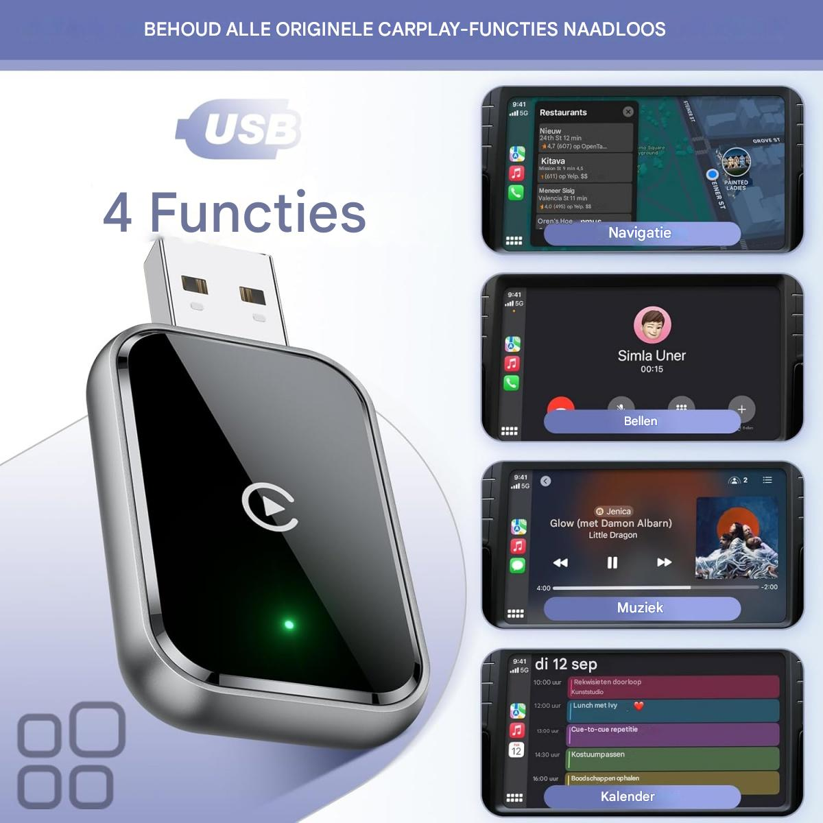 Ein USB-Gerät mit vier Funktionen. Vier Telefonbildschirme zeigen Navigation, Anrufe, Musik und einen Kalender.