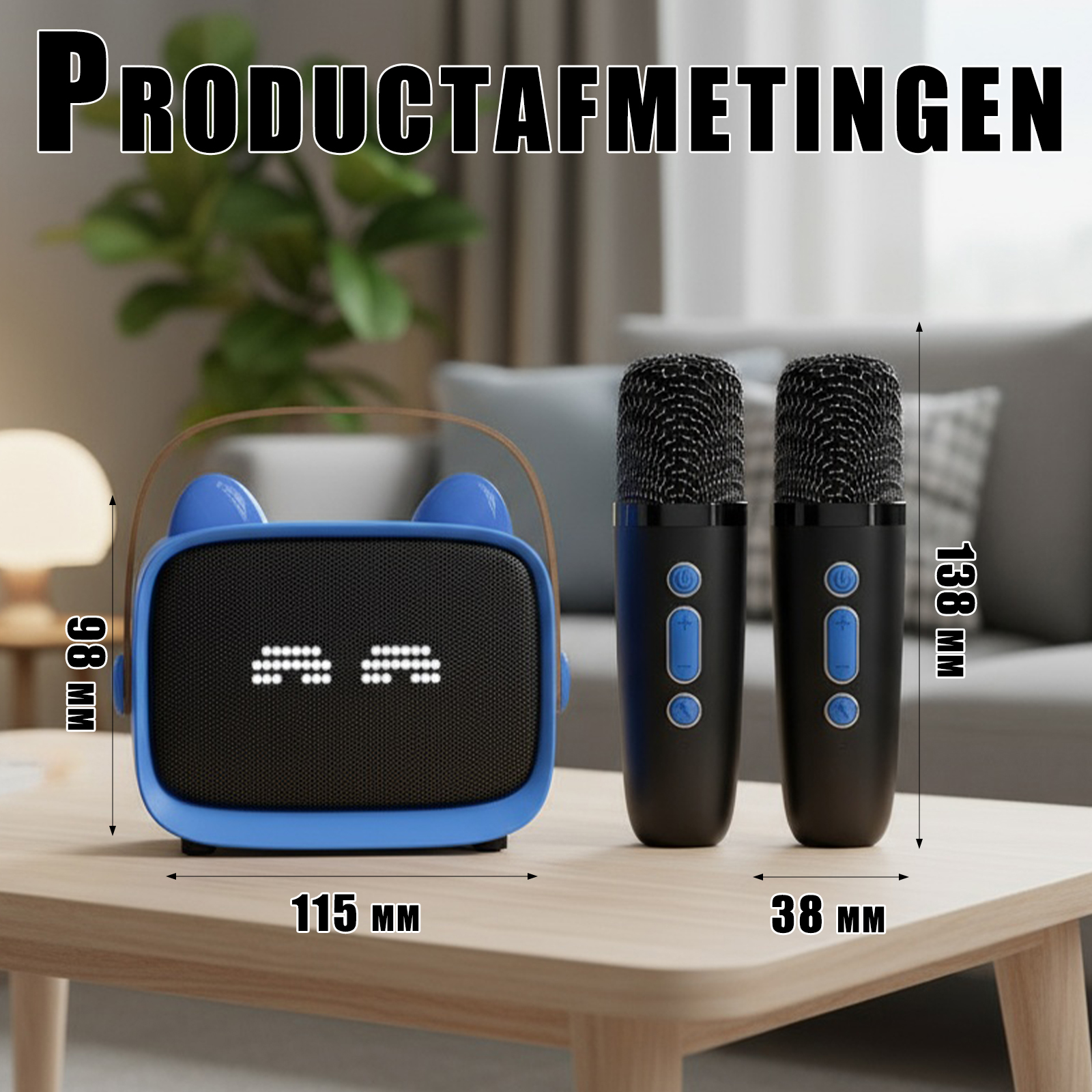 Ein blauer Lautsprecher, zwei schwarze Mikrofone auf einem Holztisch. Text PRODUCTAFMETINGEN oben.