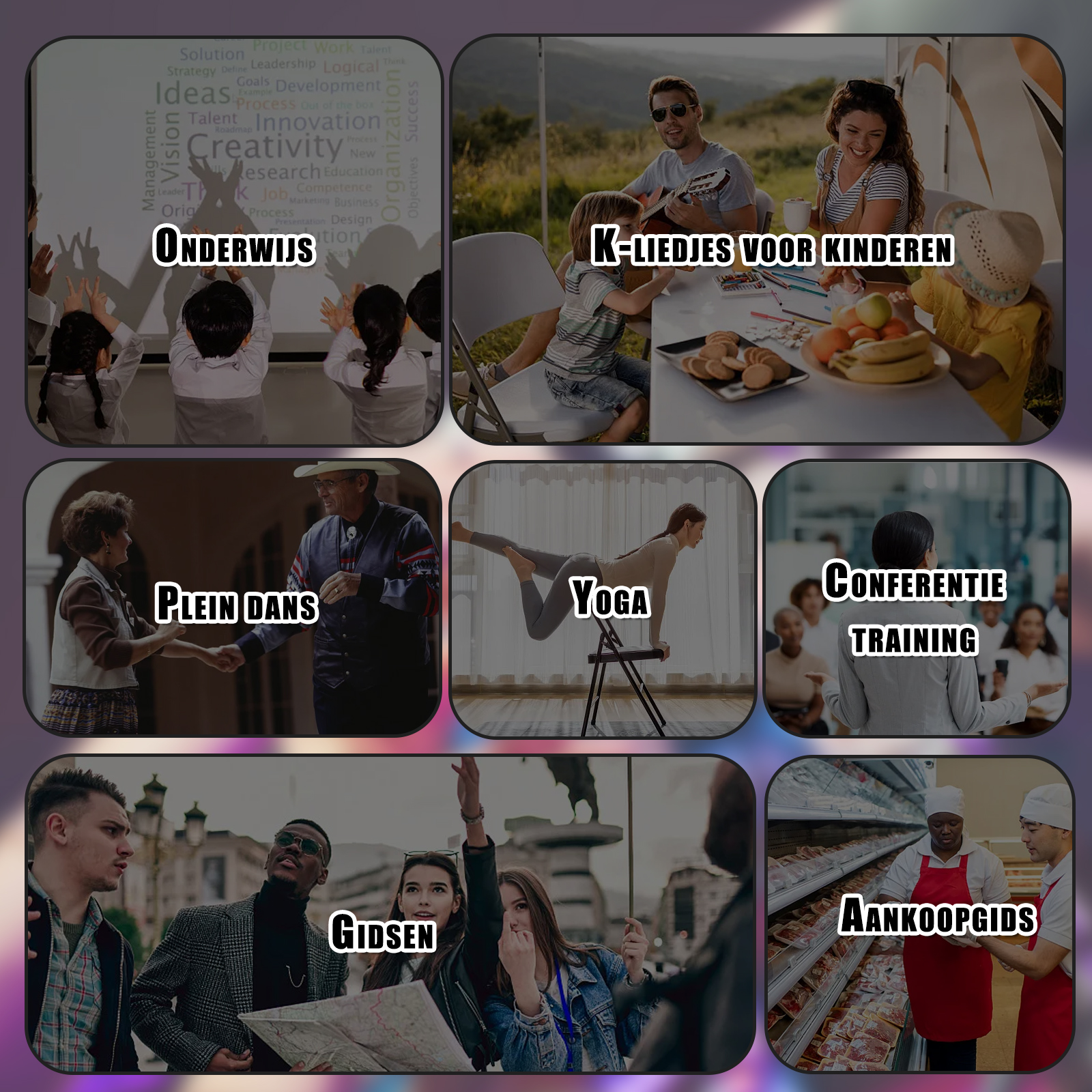 Das Bild zeigt sechs verschiedene Szenen mit Textüberlagerungen: Onderwijs, K-liedjes, Plein Dans, Yoga, Conferentie Training, Gidsen, Aankoopgids.