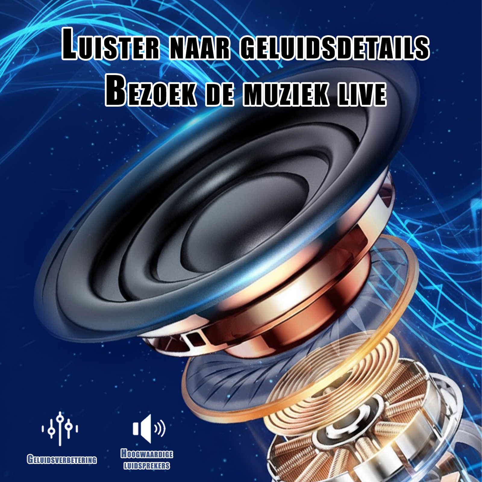 Anatomie eines Lautsprechers. Text: Hören Sie sich Klangdetails an, besuchen Sie die Musik live. Blauer Hintergrund mit Tonsymbolen.