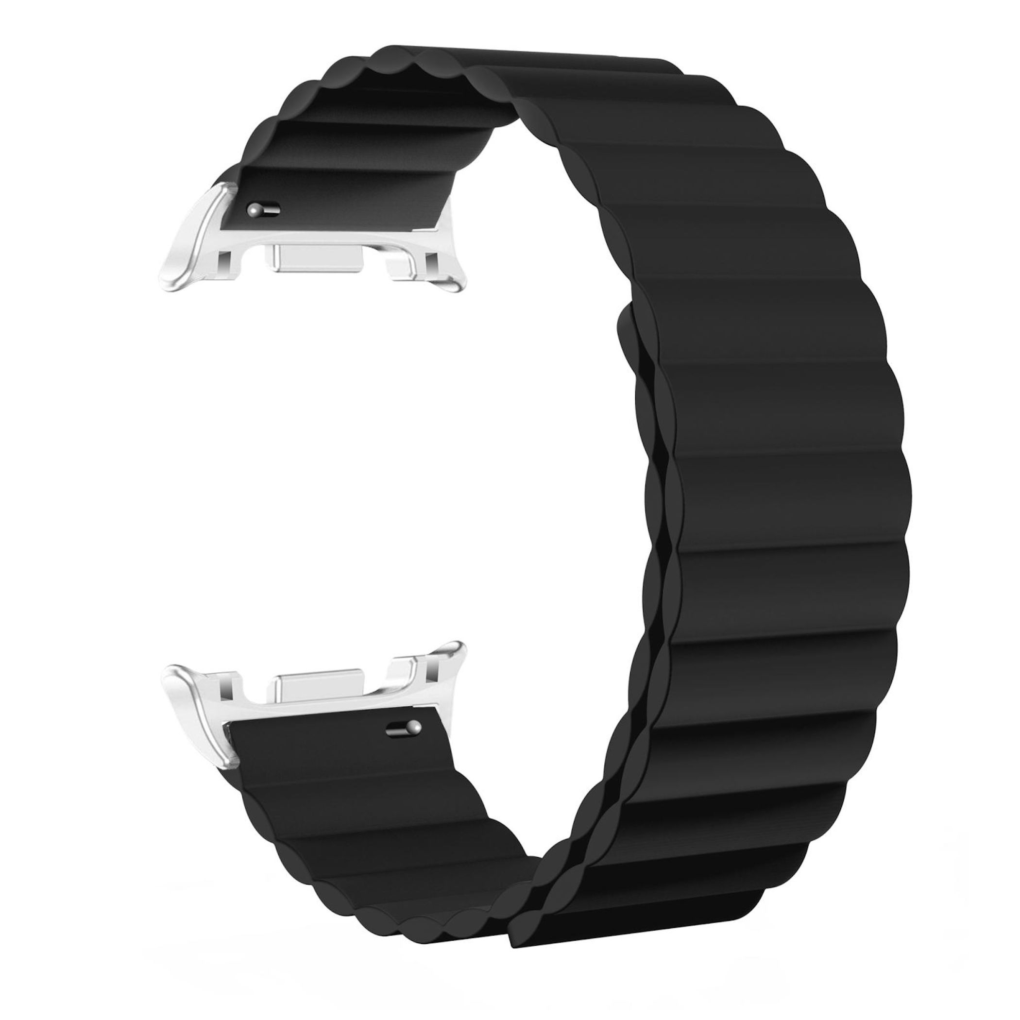 Ein schwarzes Uhrenarmband mit Magnetverschluss. Das Band ist wellenförmig und hat silberne Verbinder.