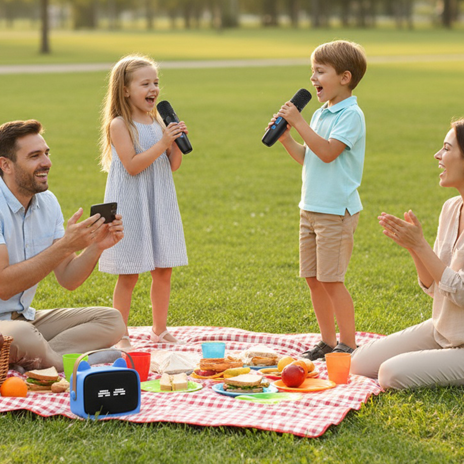 Familienpicknick. Zwei Kinder singen mit Mikrofonen, Eltern klatschen und filmen. Essen und Lautsprecher auf rot karierter Decke.