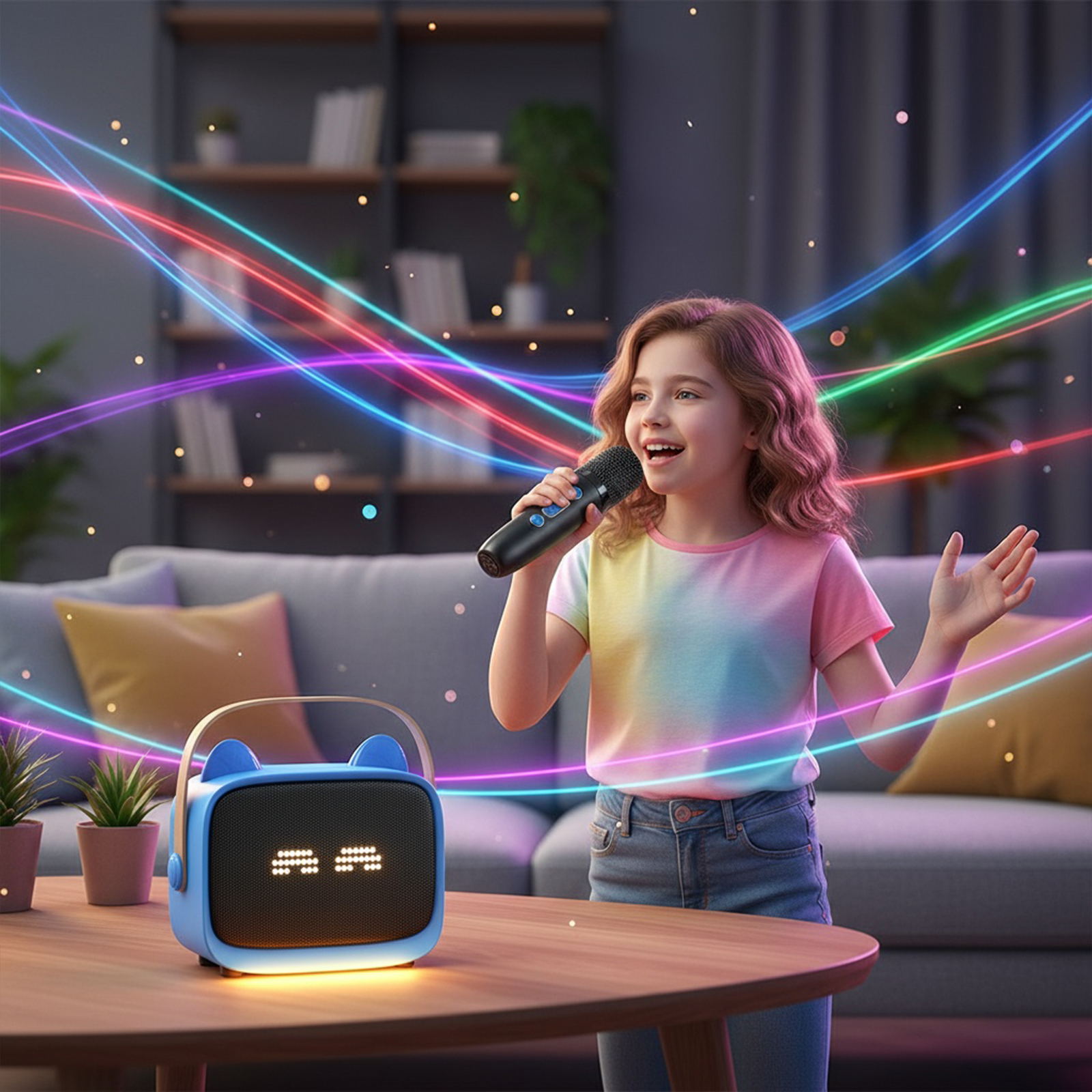 Ein Mädchen singt in ein Mikrofon. Auf einem Tisch steht ein blauer Lautsprecher. Bunte Lichtstreifen erscheinen im Hintergrund.