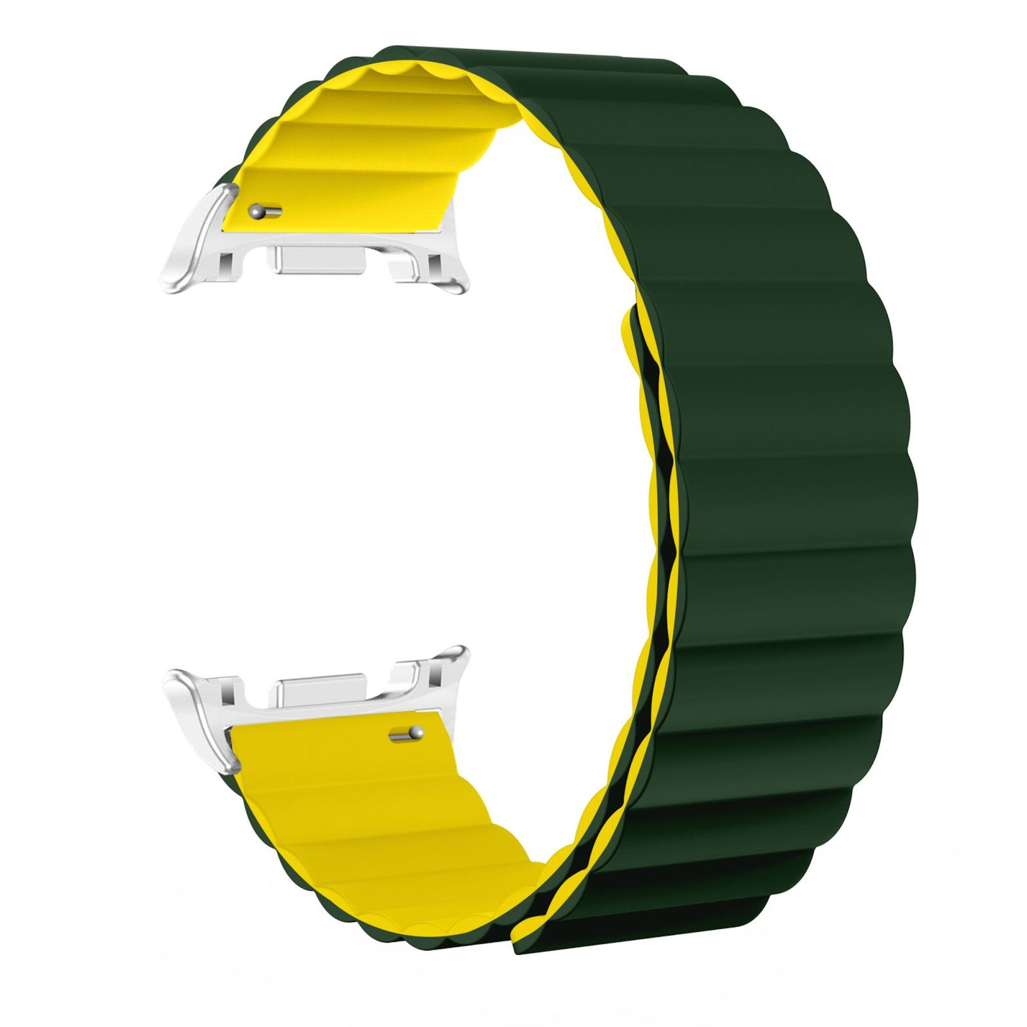 Ein dunkelgrünes und gelbes magnetisches Uhrenarmband vor weißem Hintergrund.