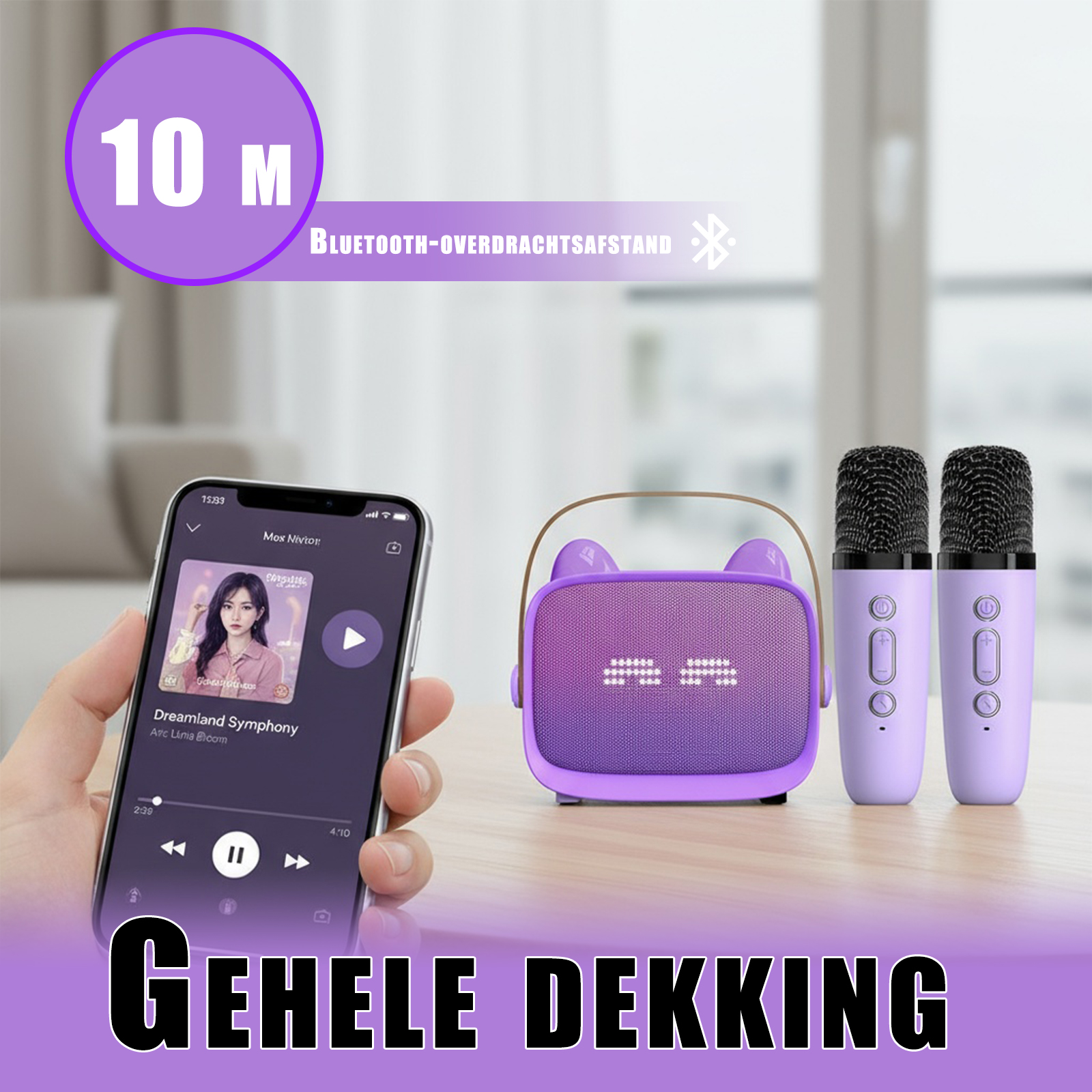 Ein lila Lautsprecher, zwei Mikrofone und ein Telefon mit Musik. Text: 10M, Bluetooth, Gehele Dekking.