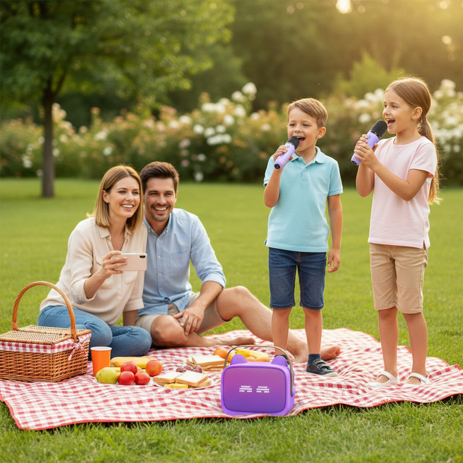 Familienpicknick im Park. Kinder singen in Mikrofone. Eltern lächeln, machen Fotos. Essen auf Decke, Lautsprecher im Vordergrund.