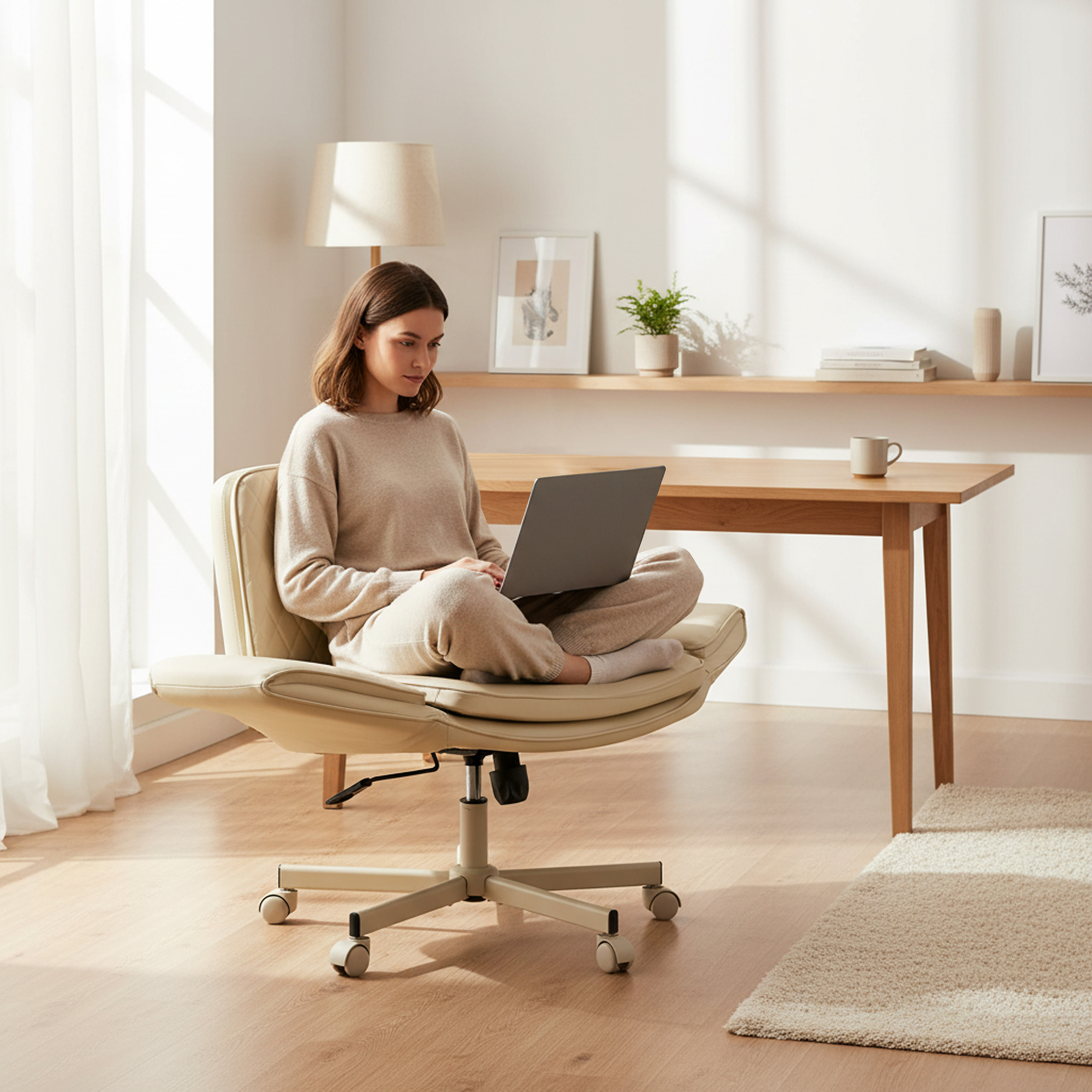 Eine Frau in beiger Kleidung sitzt in einem Stuhl und benutzt einen Laptop. Ein Tisch, eine Pflanze und ein Teppich befinden sich im Raum.
