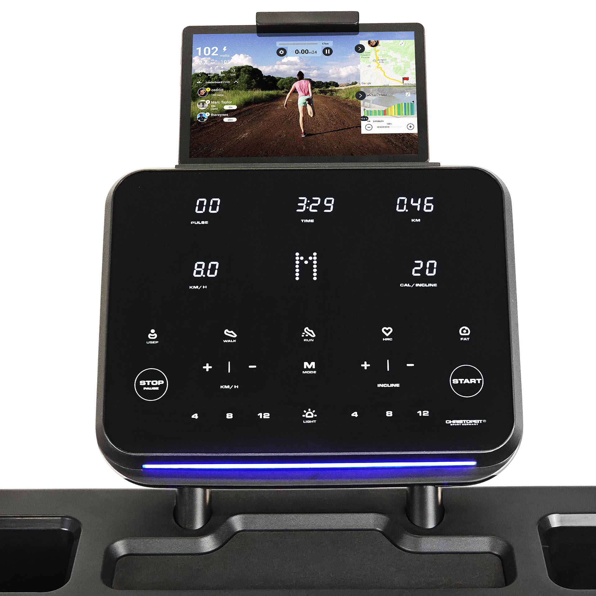 Laufbandanzeige zeigt Statistiken: Zeit, Geschwindigkeit, Distanz. Ein Tablet zeigt einen Läufer auf einem Trail, mit Karte.
