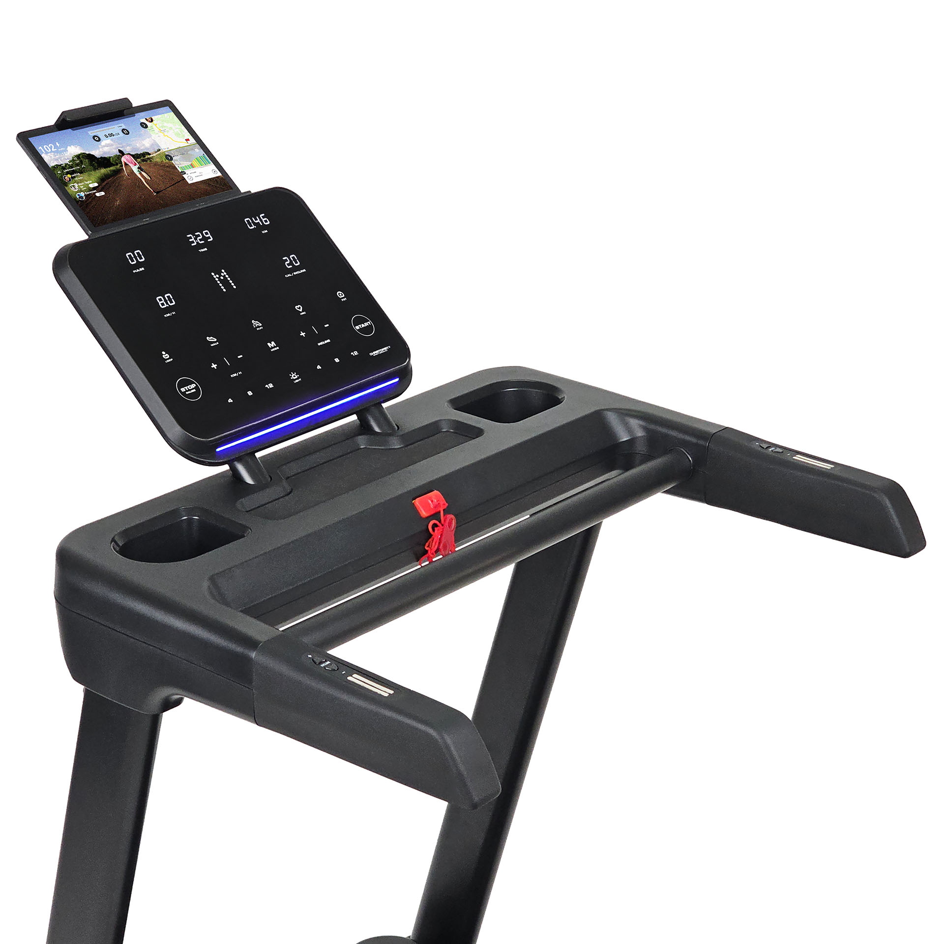 Ein modernes Laufband mit Digitalanzeige, die Trainingsdaten, und einem Tablet-Bildschirm mit einer Radroute zeigt.