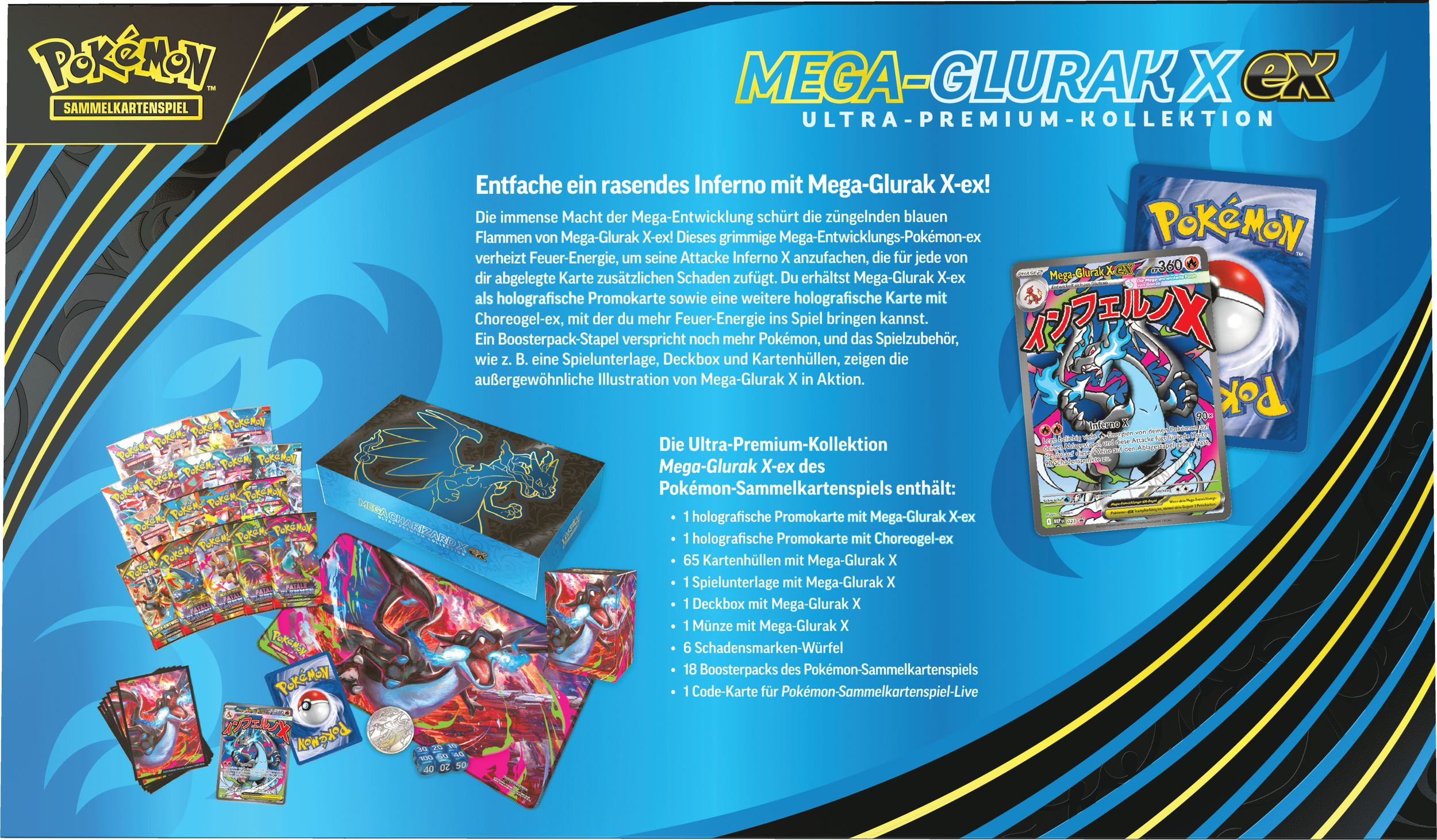 Werbebild für ein Mega-Glurak X-ex Pokemon-Kartenspiel-Set mit Karten, einer Box und Zubehör.