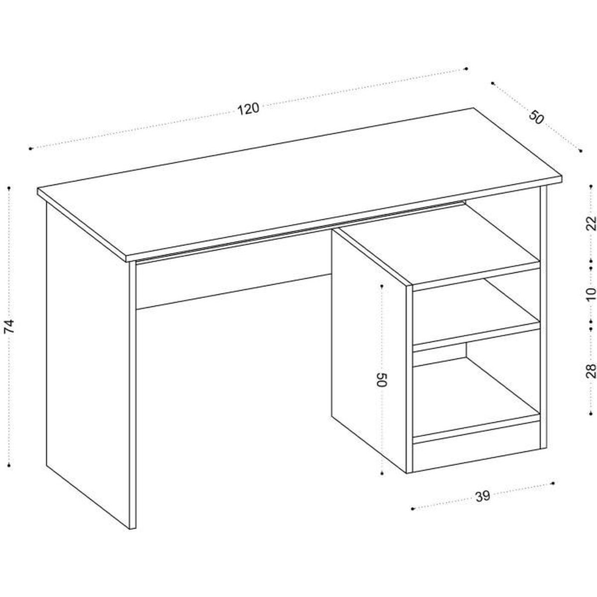 Isometrische Ansicht eines weißen Schreibtisches mit angegebenen Abmessungen. Er hat eine Tischplatte, ein Bein und einen dreifachen Schrank.
