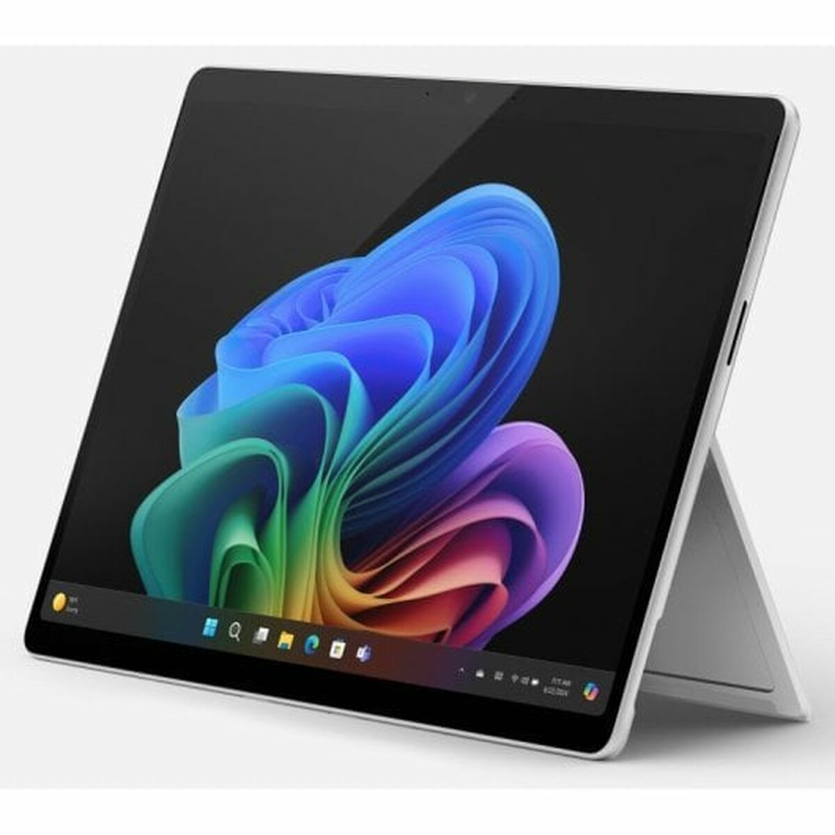 Una tableta con un fondo de pantalla abstracto y colorido. Está apoyada por un soporte. La pantalla muestra un diseño vibrante y arremolinado.