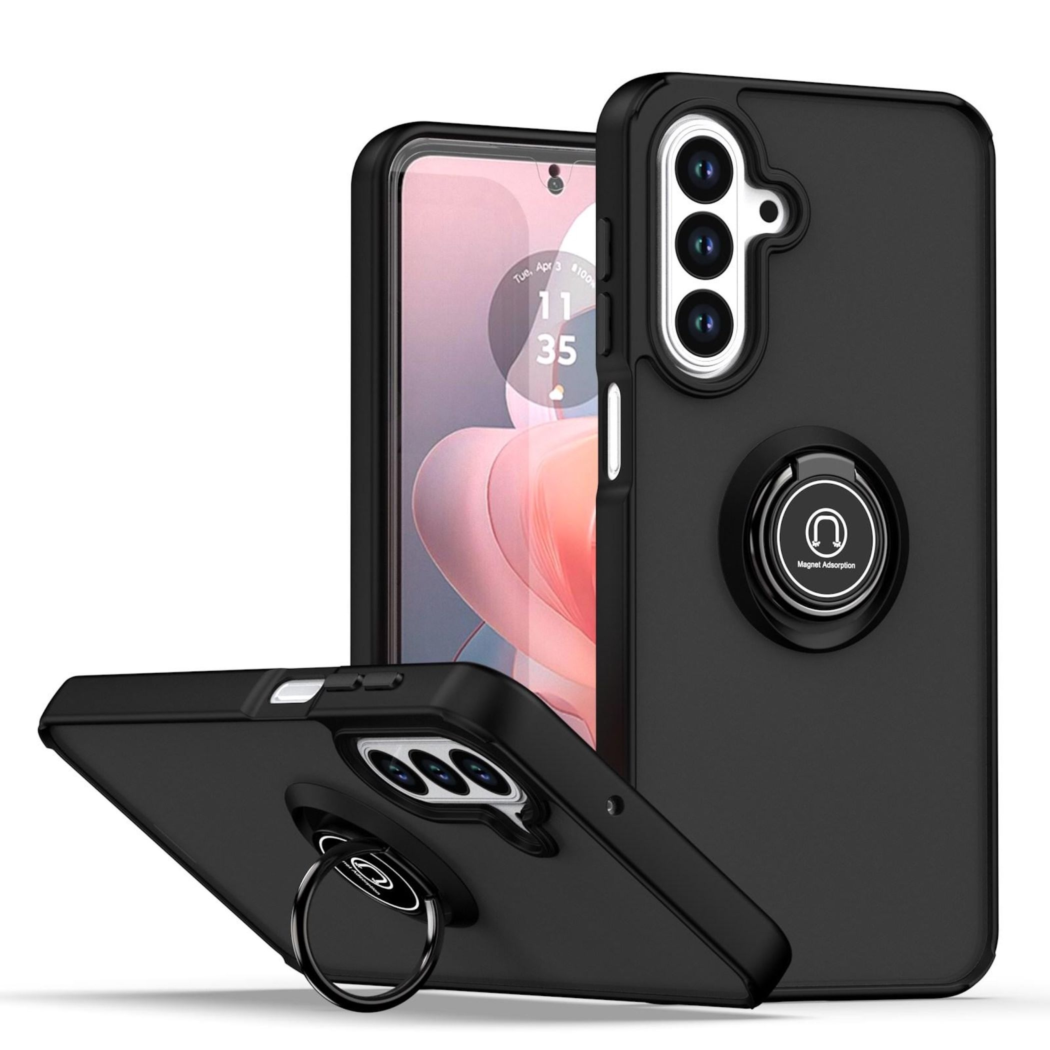 Schwarze Handyhülle mit Ringhalter, drei Hüllen sind abgebildet. In einer ist ein Telefon.