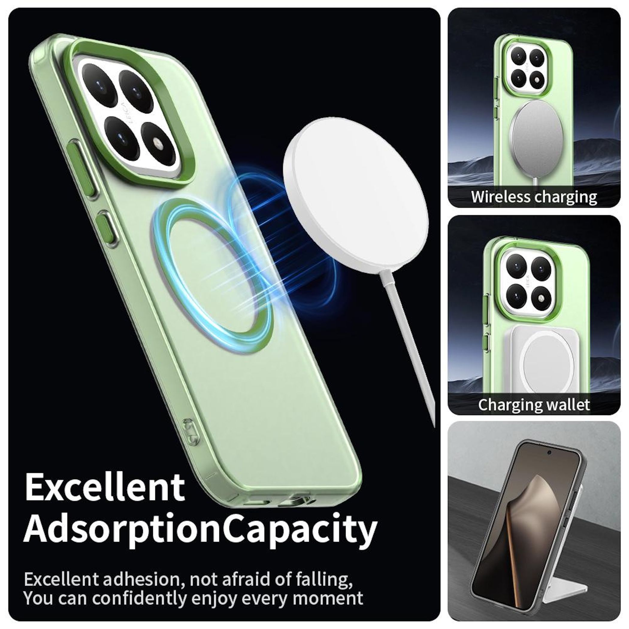 Funda verde para teléfono con cargador blanco. Se muestran las funciones de carga inalámbrica y billetera de carga.
