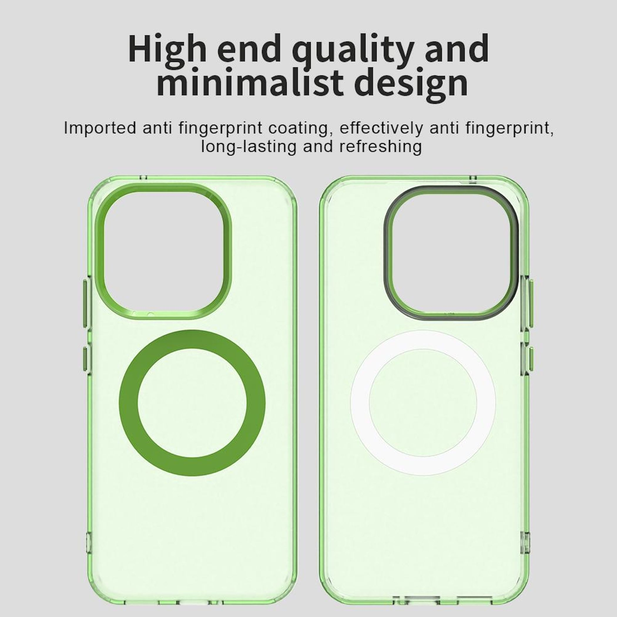 Dos fundas transparentes para teléfono con detalles verdes y texto superpuesto que anuncia sus características.