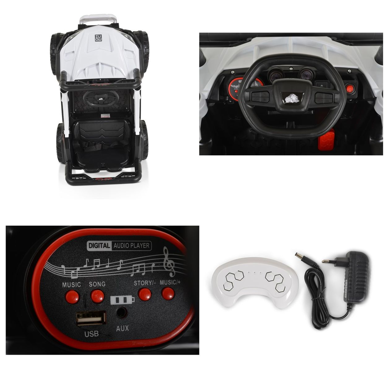 Ein weißes und schwarzes Spielzeugauto. Es hat ein Lenkrad, einen digitalen Audioplayer und eine Fernbedienung. Das Auto hat Knöpfe für Musik und Geschichten.