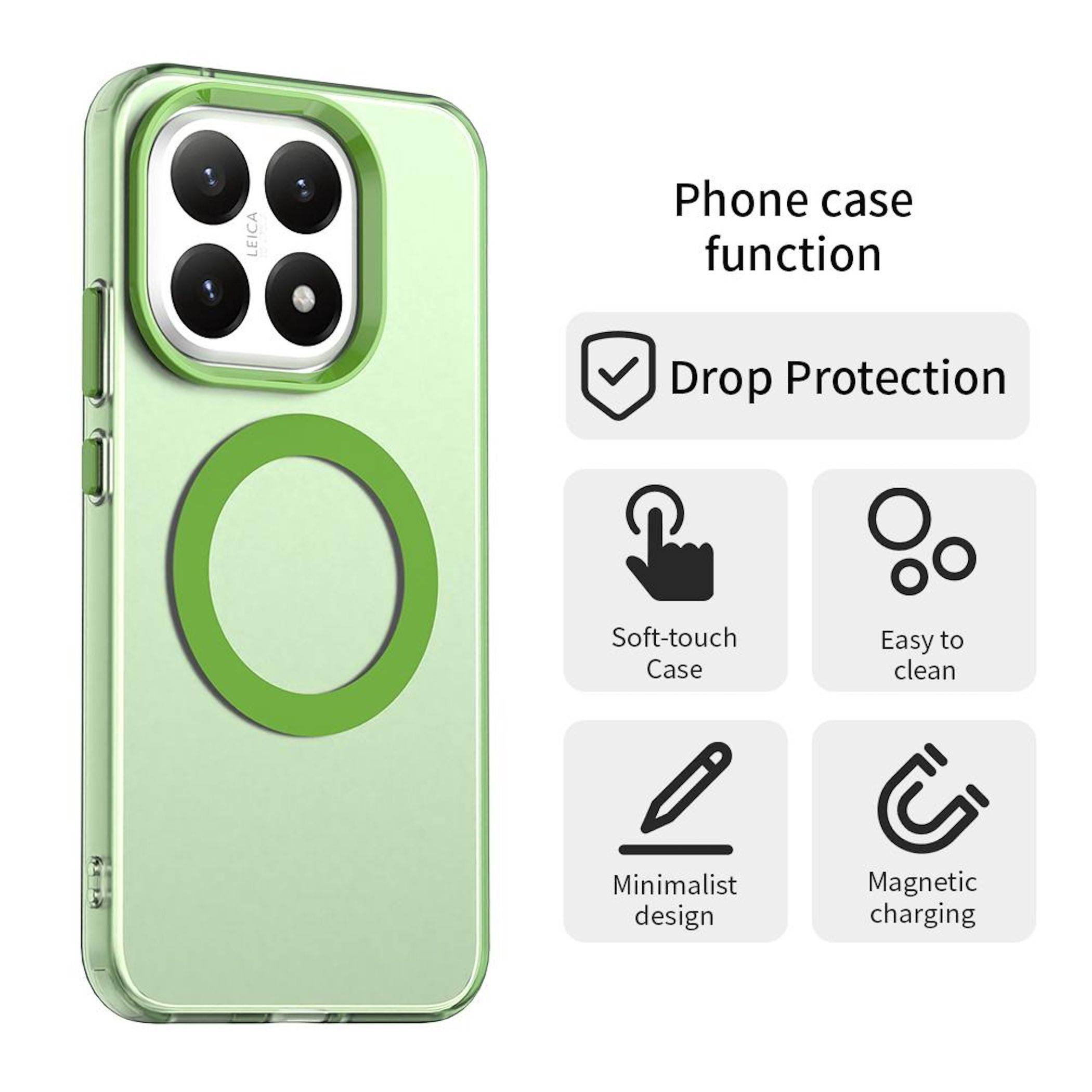 Funda verde para teléfono con recortes para cámara y diseño circular. Incluye protección contra caídas y carga magnética.