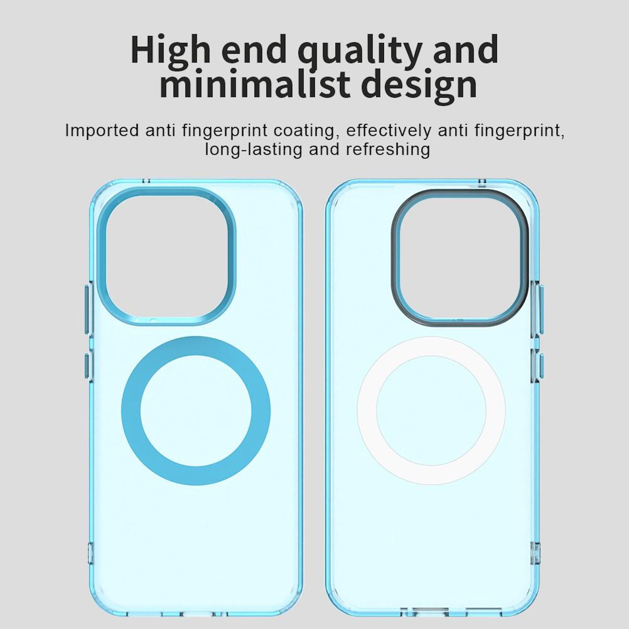 Dos fundas transparentes para teléfono con texto. Una tiene un círculo azul, la otra un círculo blanco adentro.
