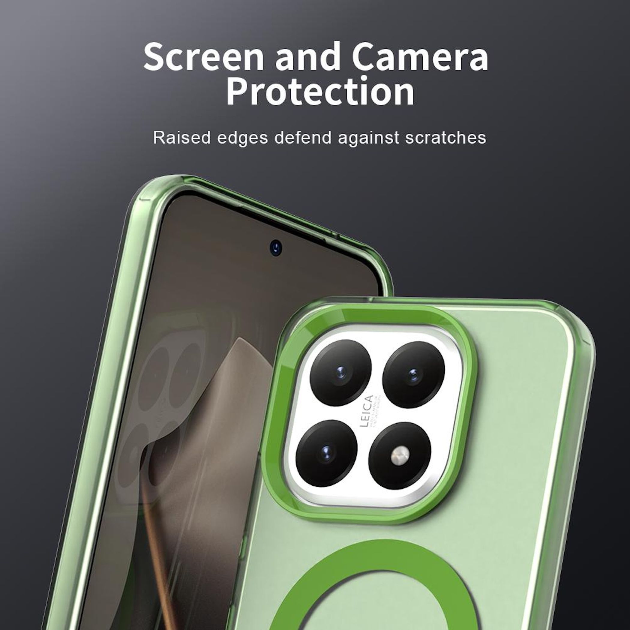 Funda verde para teléfono, protegiendo la pantalla y la cámara. Bordes elevados ofrecen defensa.