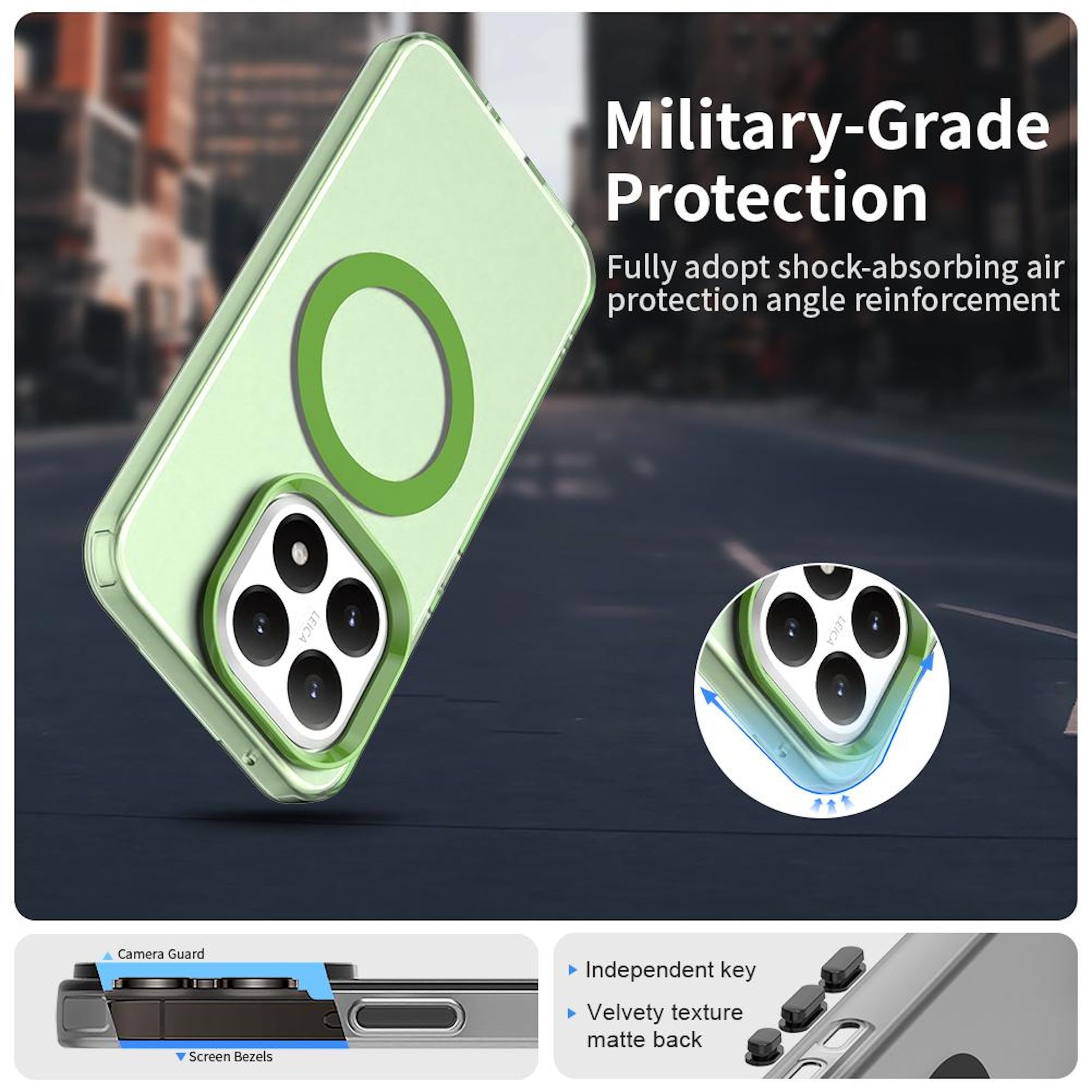Se muestra una funda de teléfono con un anillo verde para una cámara, con el texto 'Military-Grade Protection'.