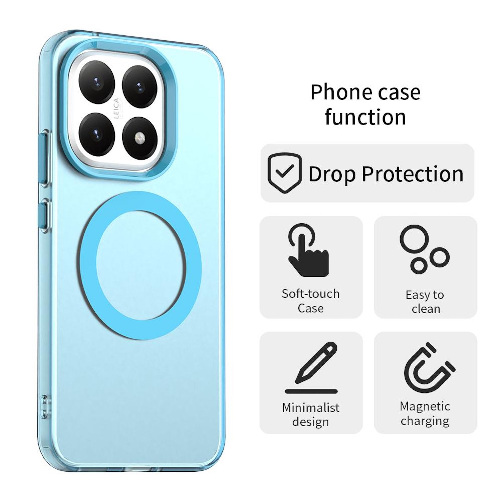 Una funda de teléfono con recorte de cámara, círculo azul e iconos que indican funciones: protección contra caídas, tacto suave, fácil limpieza, diseño, carga.