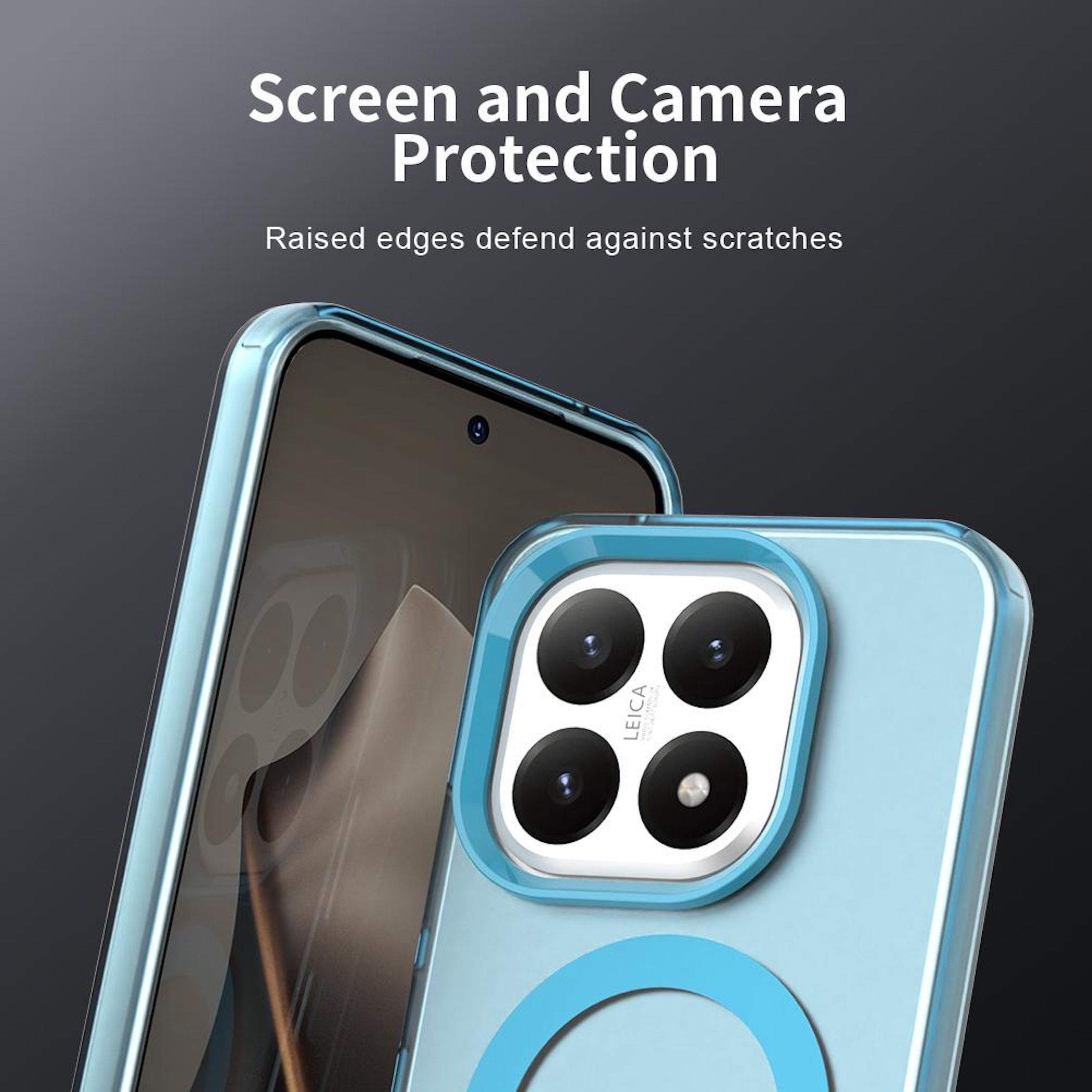 Una funda de teléfono azul claro, que muestra la protección de la cámara y la pantalla. El texto dice, los bordes elevados defienden contra los arañazos.