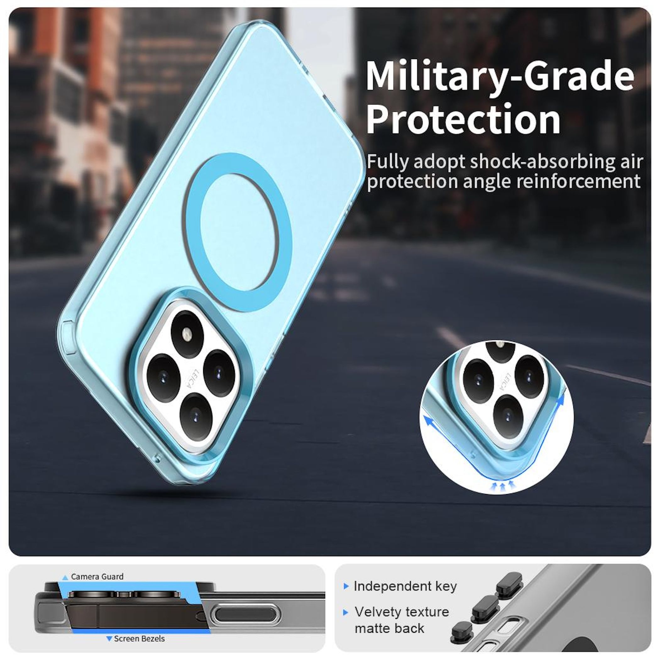 Funda transparente para teléfono. Acentos azules. Características: protector de cámara, biseles de pantalla y teclas independientes. Texto: Protección de grado militar.
