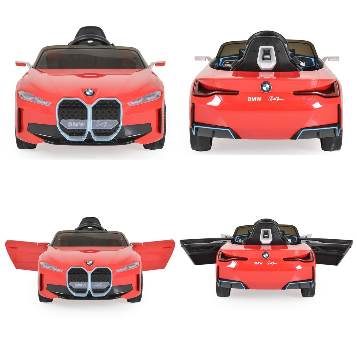 Ein rotes Spielzeug-BMW i4-Auto wird aus verschiedenen Blickwinkeln gezeigt. Es hat offene und geschlossene Türen. Das Auto steht auf weißem Hintergrund.