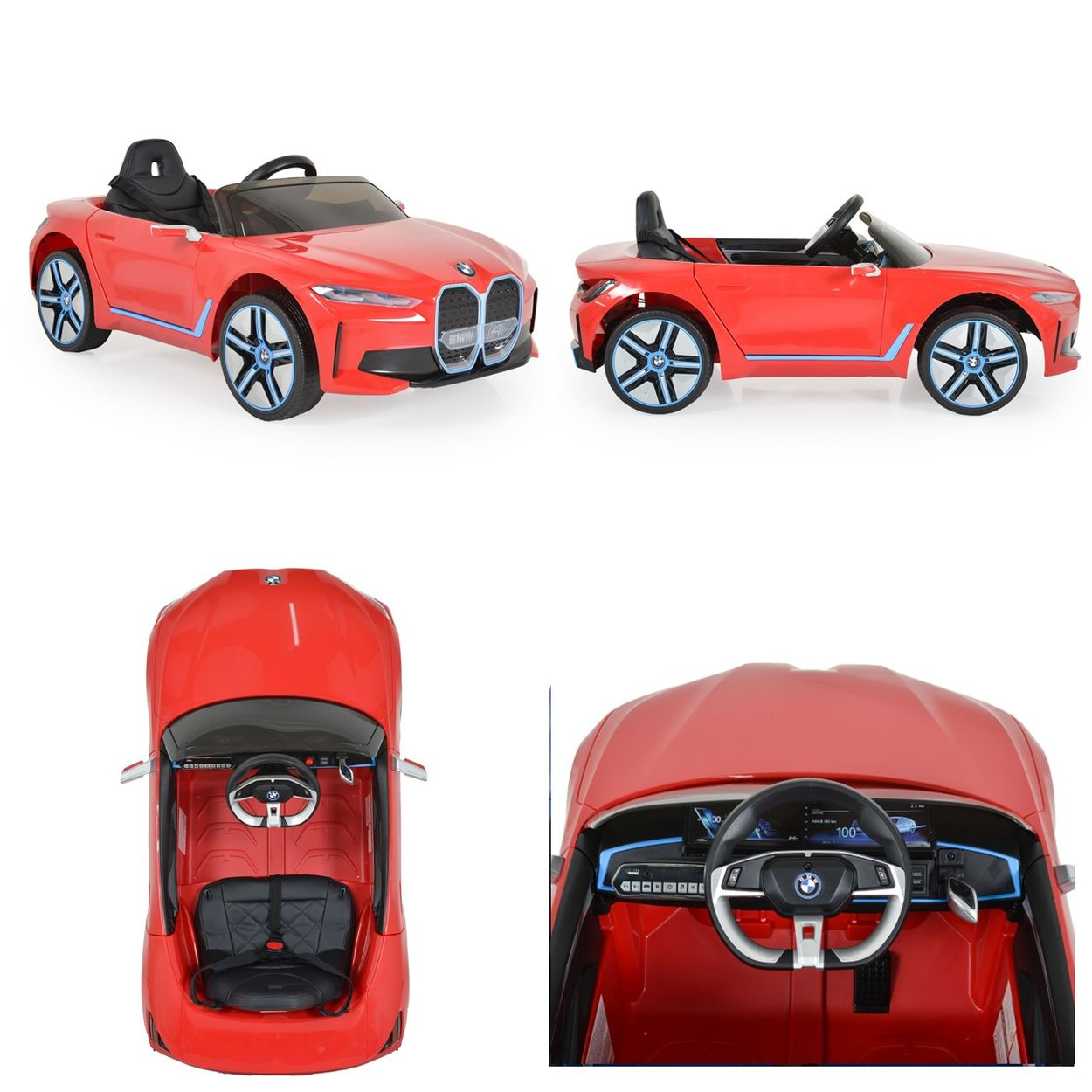 Ein rotes Spielzeugauto mit schwarzen Sitzen, blauen Akzenten und einem BMW-Logo, aus mehreren Blickwinkeln gezeigt.