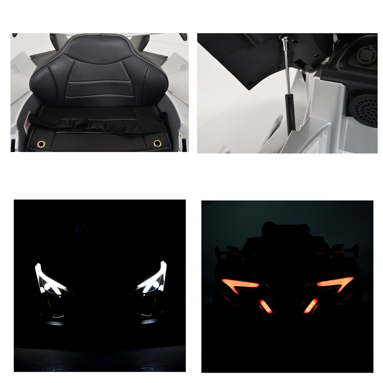 Das Bild zeigt Nahaufnahmen eines Spielzeugautos. Details sind ein schwarzer Ledersitz, eine offene Motorhaube und im Dunkeln leuchtende Scheinwerfer.