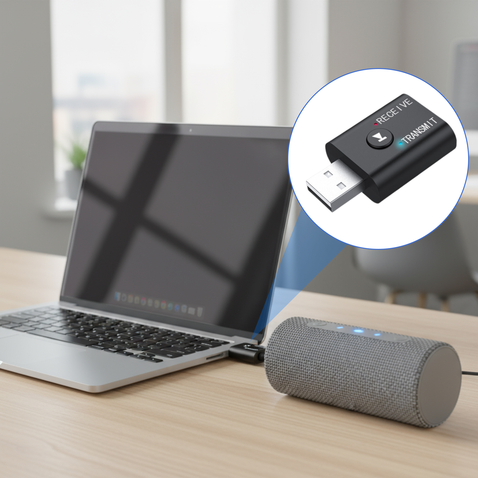 Ein Laptop, verbunden mit einem schwarzen USB-Adapter und einem grauen Lautsprecher. Der Adapter ist mit 'RECEIVE' und 'TRANSMIT' beschriftet.