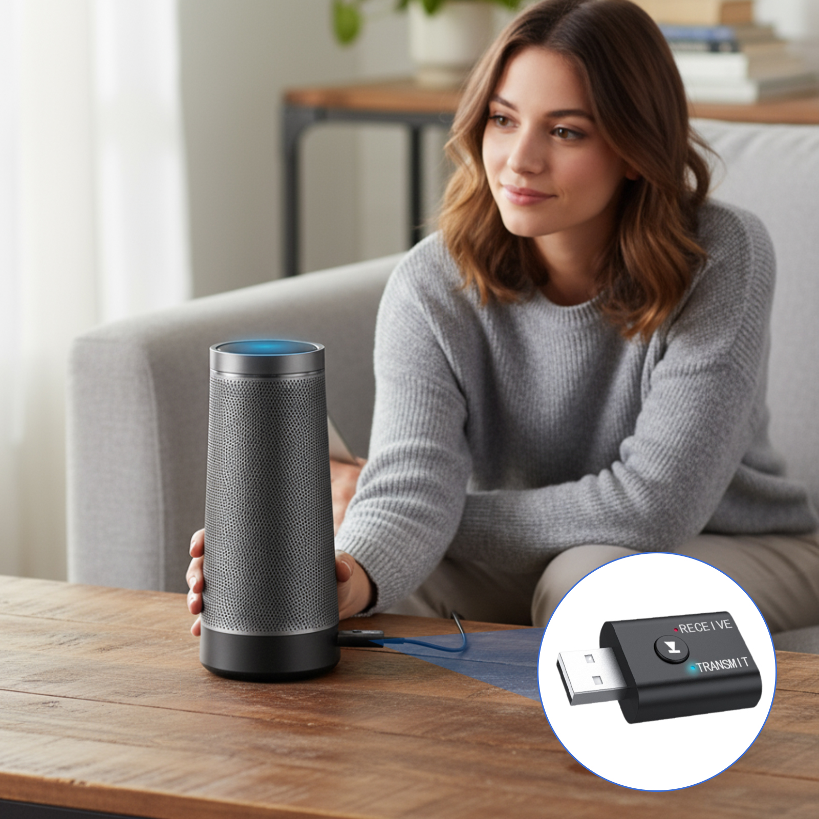 Frau mit Smart-Lautsprecher und USB-Empfänger. Lautsprecher auf dem Tisch, blaues Licht oben, Empfänger in der Ecke.