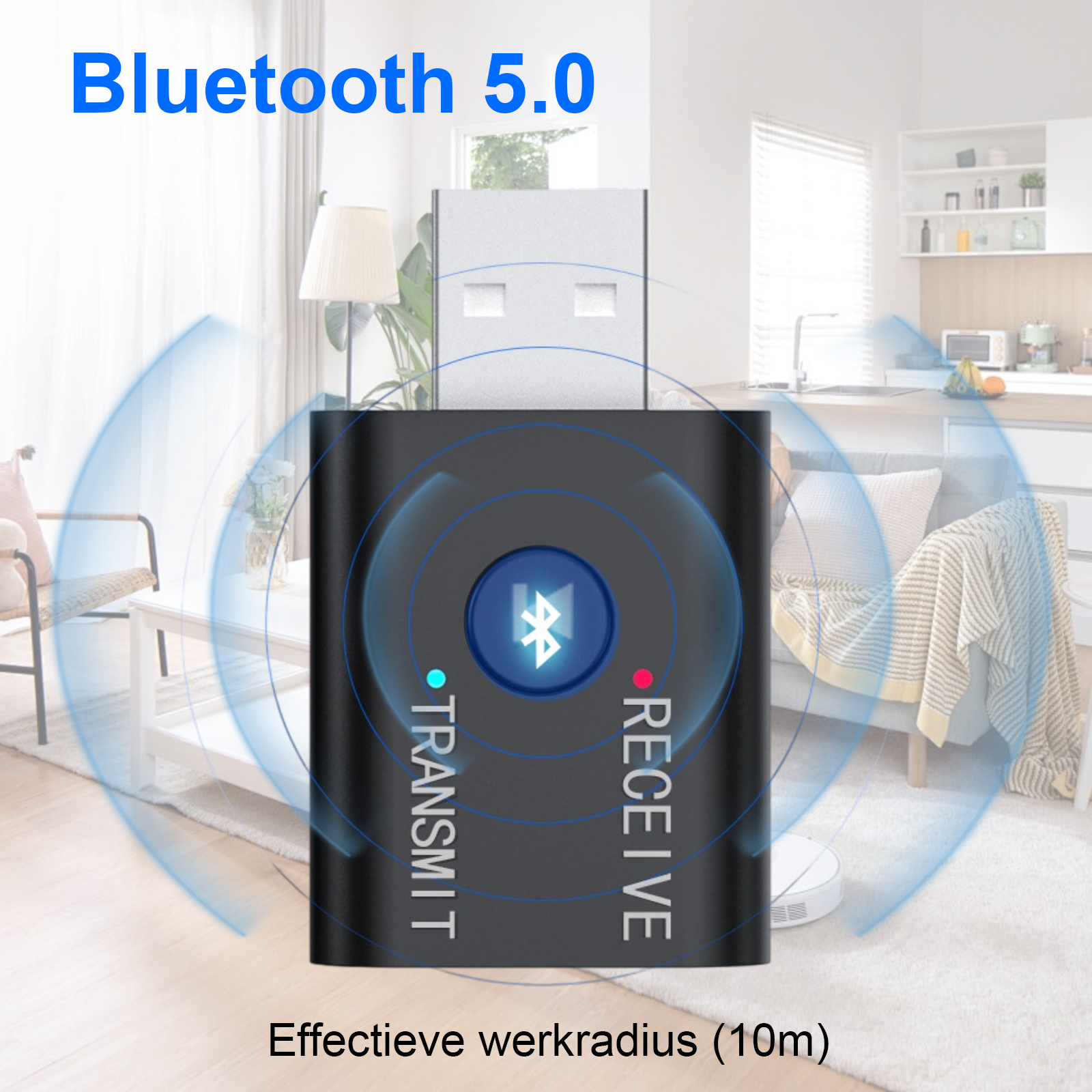 Ein Bluetooth 5.0-Adapter ist abgebildet. Er hat Sende- und Empfangsoptionen. Das Bild enthält einen Wohnzimmerhintergrund.