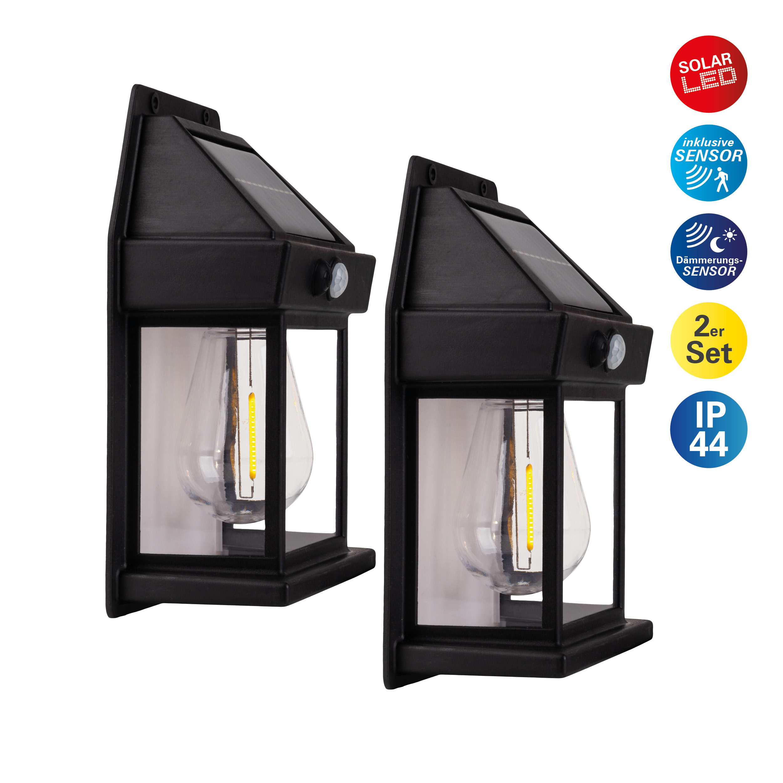 Zwei schwarze Solar-LED-Wandleuchten mit Glühbirnendesign und Bewegungssensor, isoliert auf weißem Hintergrund.